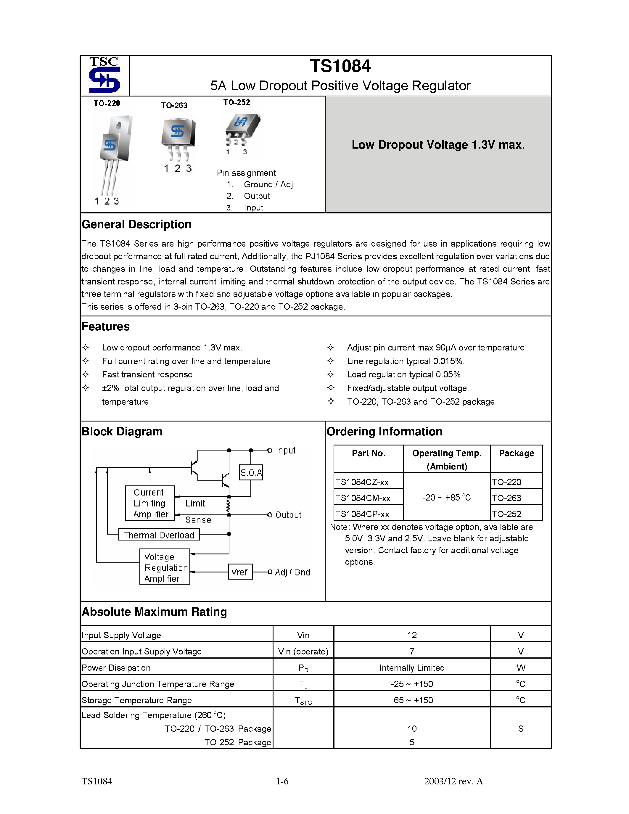 Даташит TS1084 - 5A Low Dropout Positive Voltage Regulator страница 1