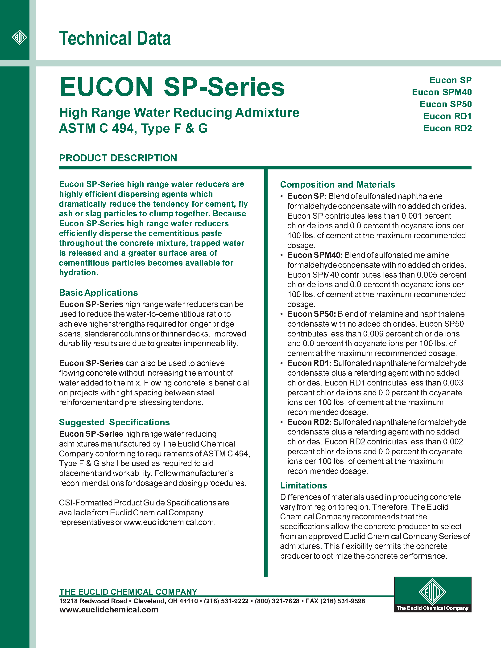 Даташит SPM40 - EUCON SP-Series / High Range Water Reducing Admixture страница 1