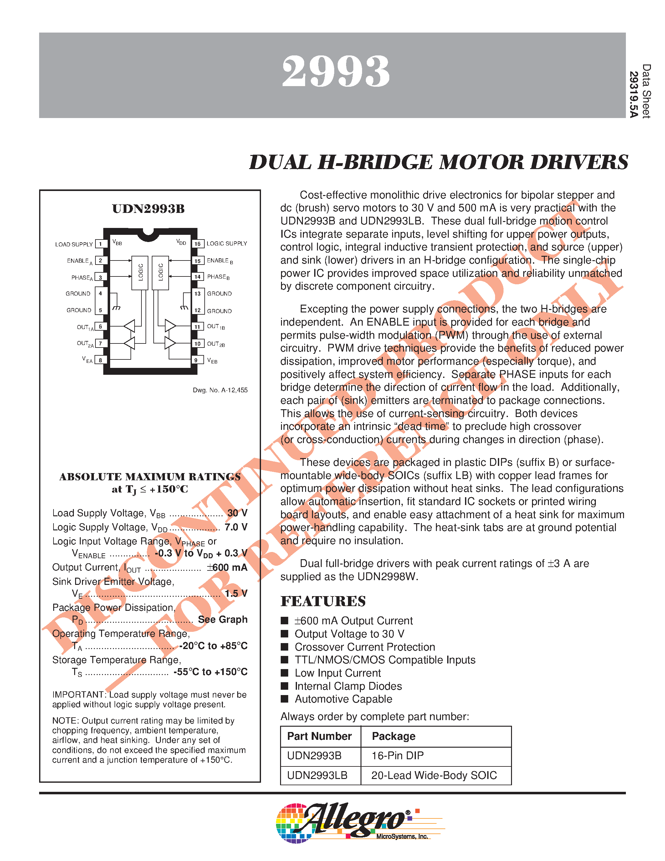 Datasheet UDN2993 - DUAL H-BRIDGE MOTOR DRIVERS page 1