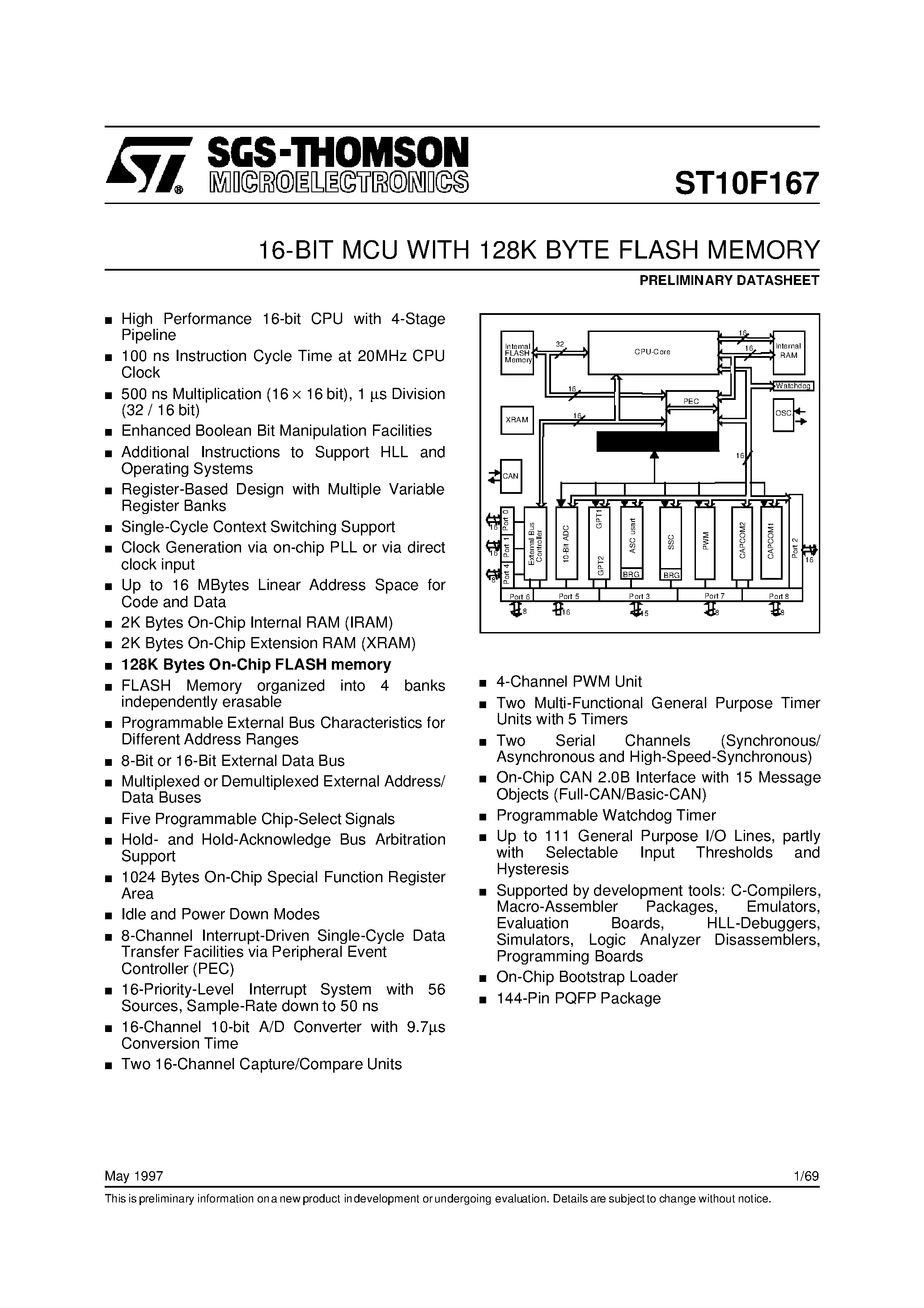 Даташит ST10F167 - 16-BIT MCU WITH 128K BYTE FLASH MEMORY страница 1