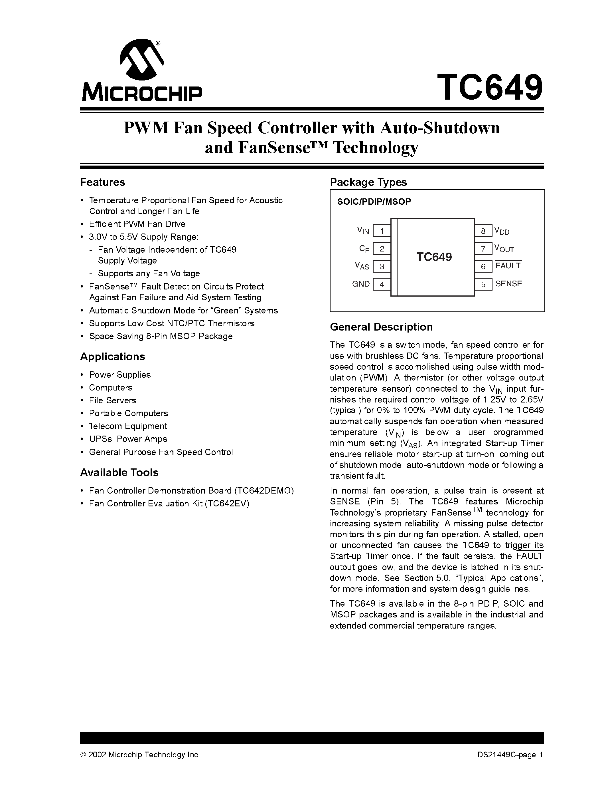 Datasheet TC649 - PWM Fan Speed Controller page 1