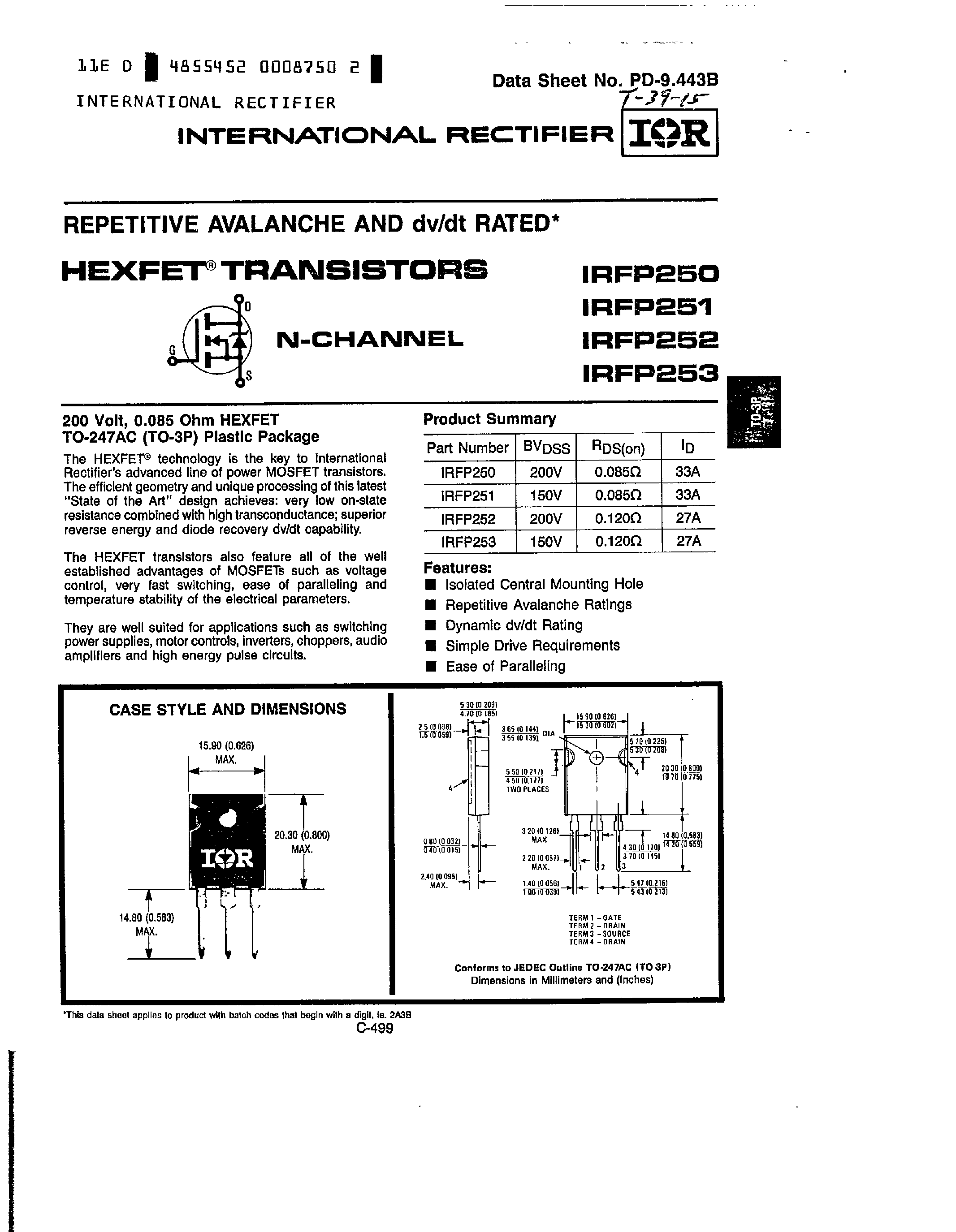 Даташит IRFP251 - (IRFP252 / IRFP253) N-Channel(Hexfet Transistors) страница 1