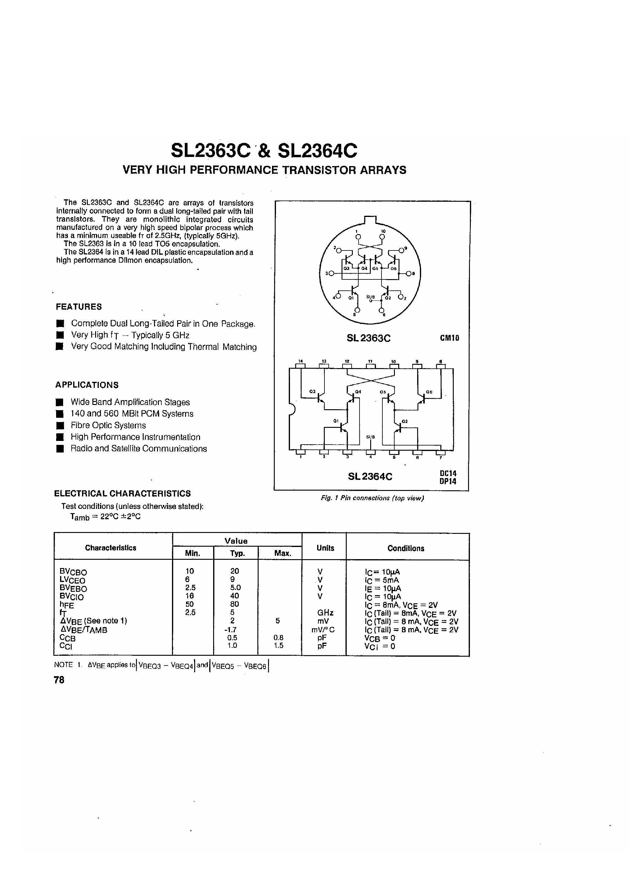 Datasheet SL2364C - (SL2363C) Very High Performance Transistor Arrays page 1