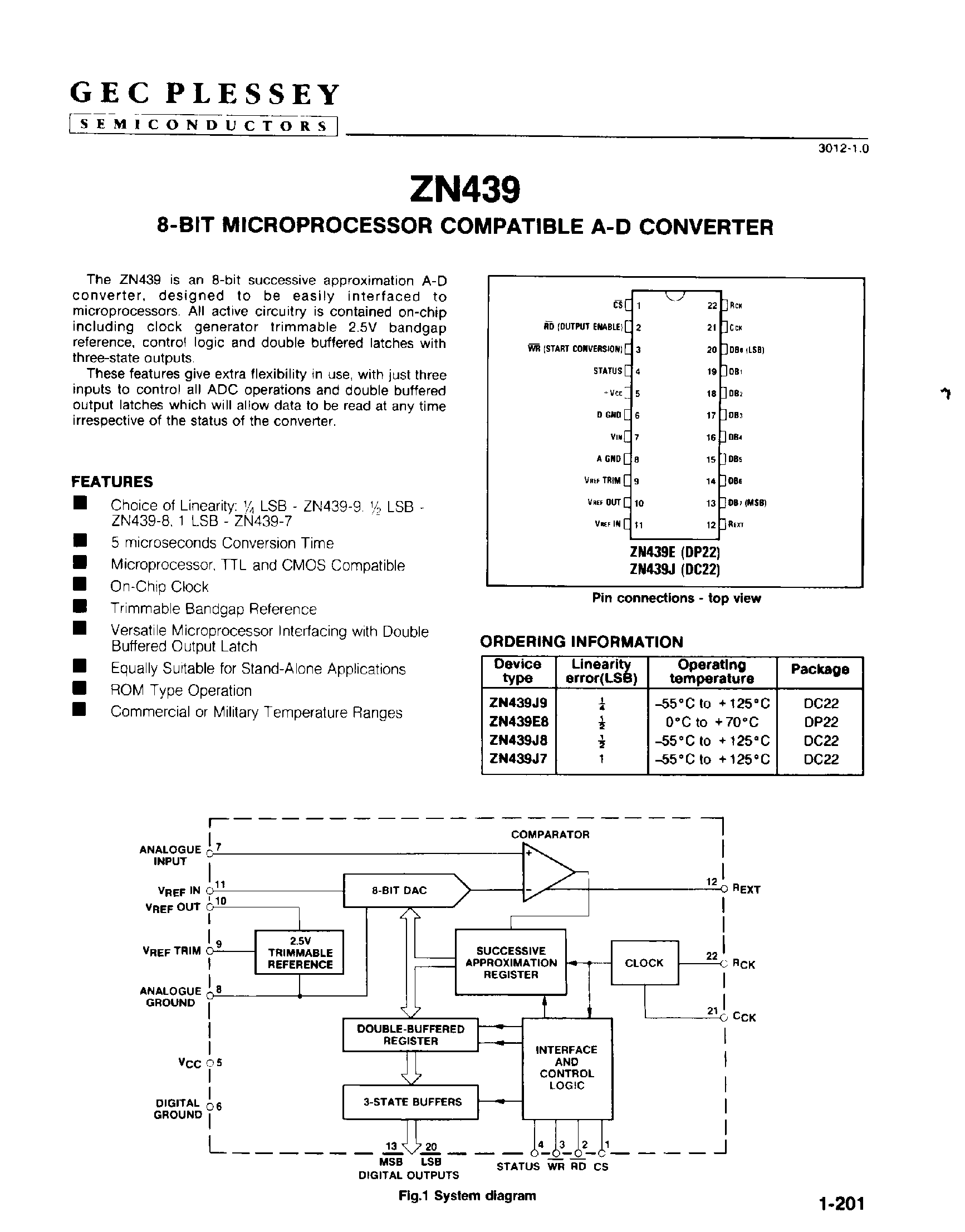Datasheet ZN439 - 8 bit Microprocessor Compatible A-D Converter page 1