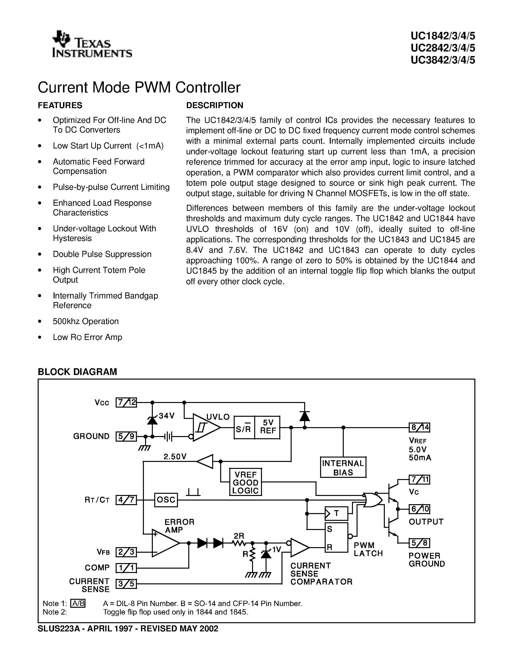 Datasheet UC2845 - Current Mode PWM Controller page 1