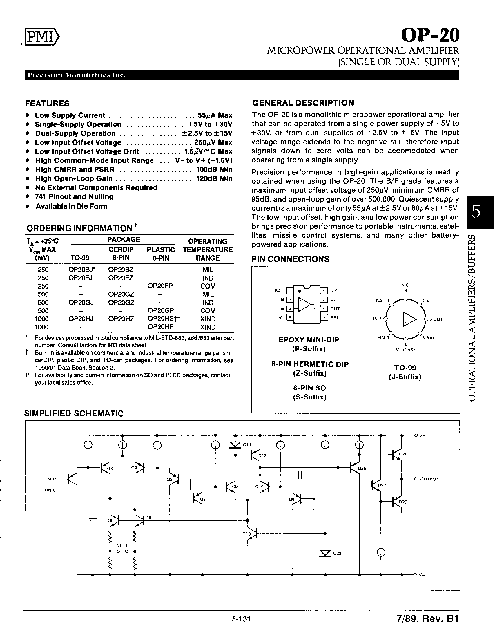 Datasheet OP20 - Micropower Operational Amplifier page 1