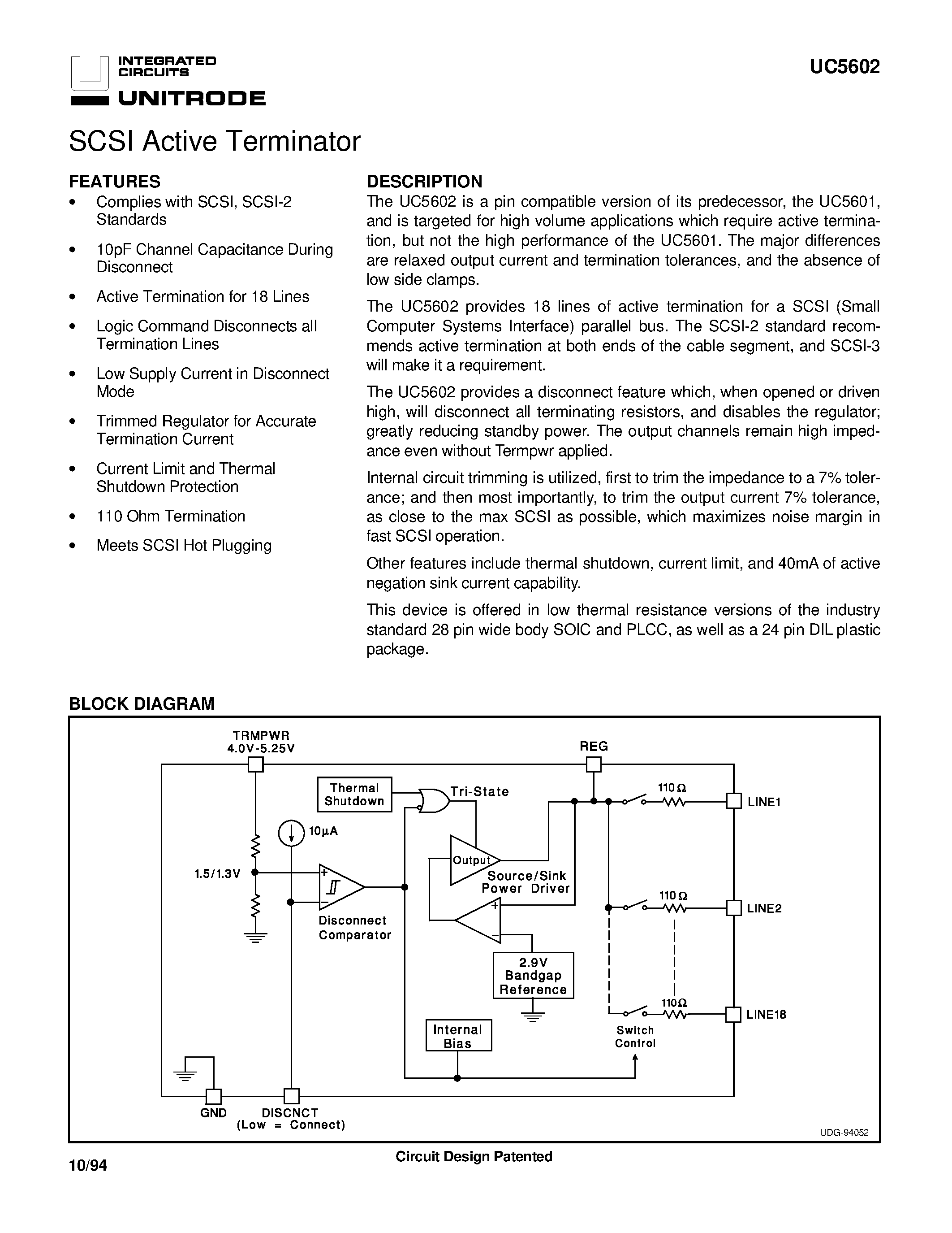 Даташит UC5602 - SCSI Active Terminator страница 1