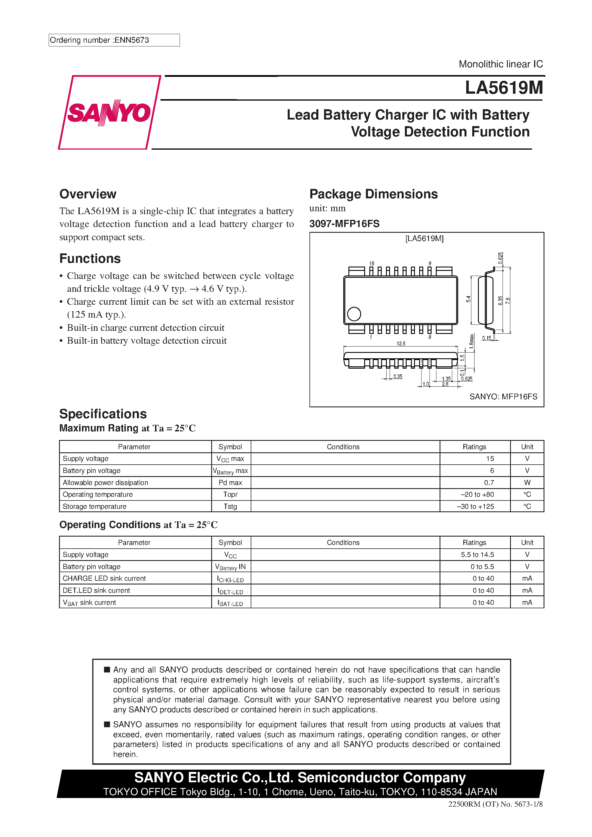 Datasheet LA5619M - Lead Battery Charger IC with Battery Voltage Detection Function page 1