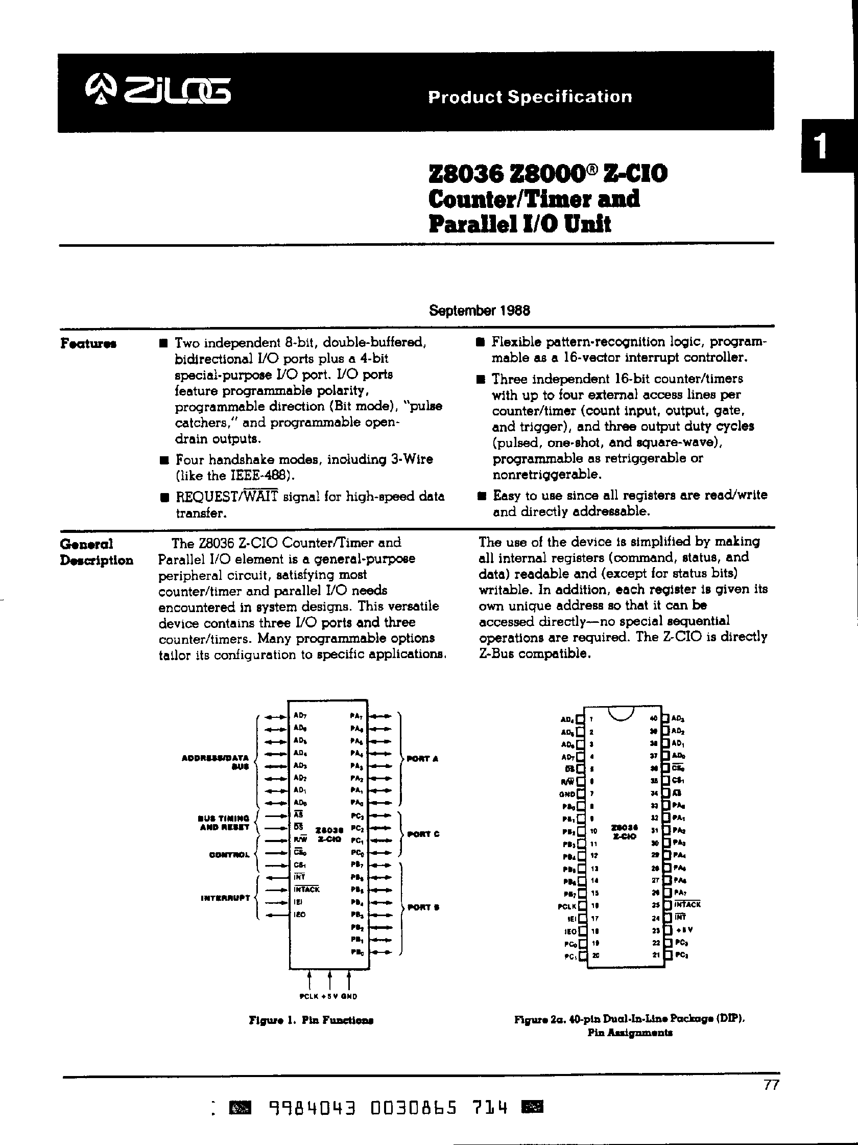 Datasheet Z08036 - Counter / Timer and Parallel I/O Ubit page 1