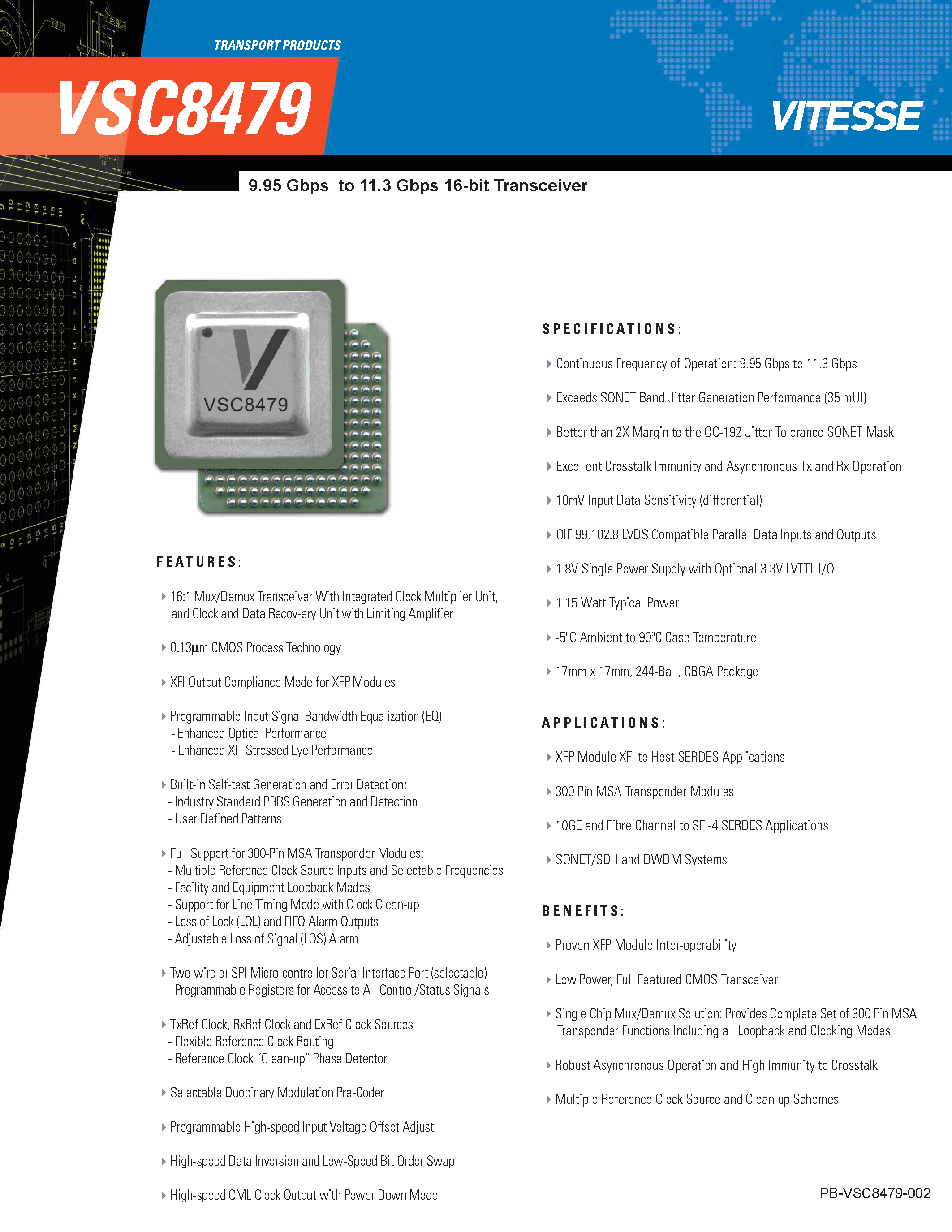 Datasheet VSC8479 - 9.95 Gbps to 11.3 Gbps 16 Bit Transceiver page 1