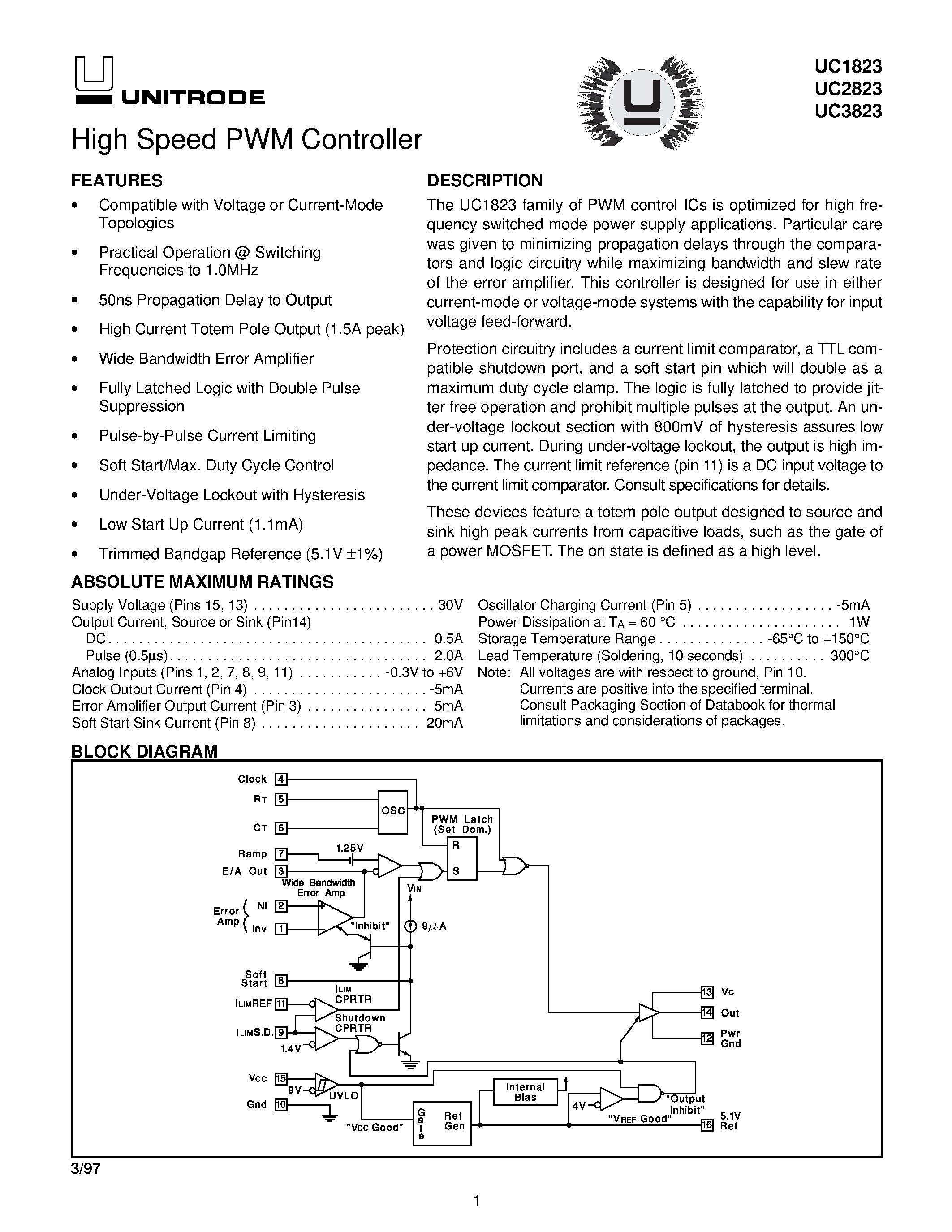 Datasheet UC2823 - High Speed PWM Controller page 1
