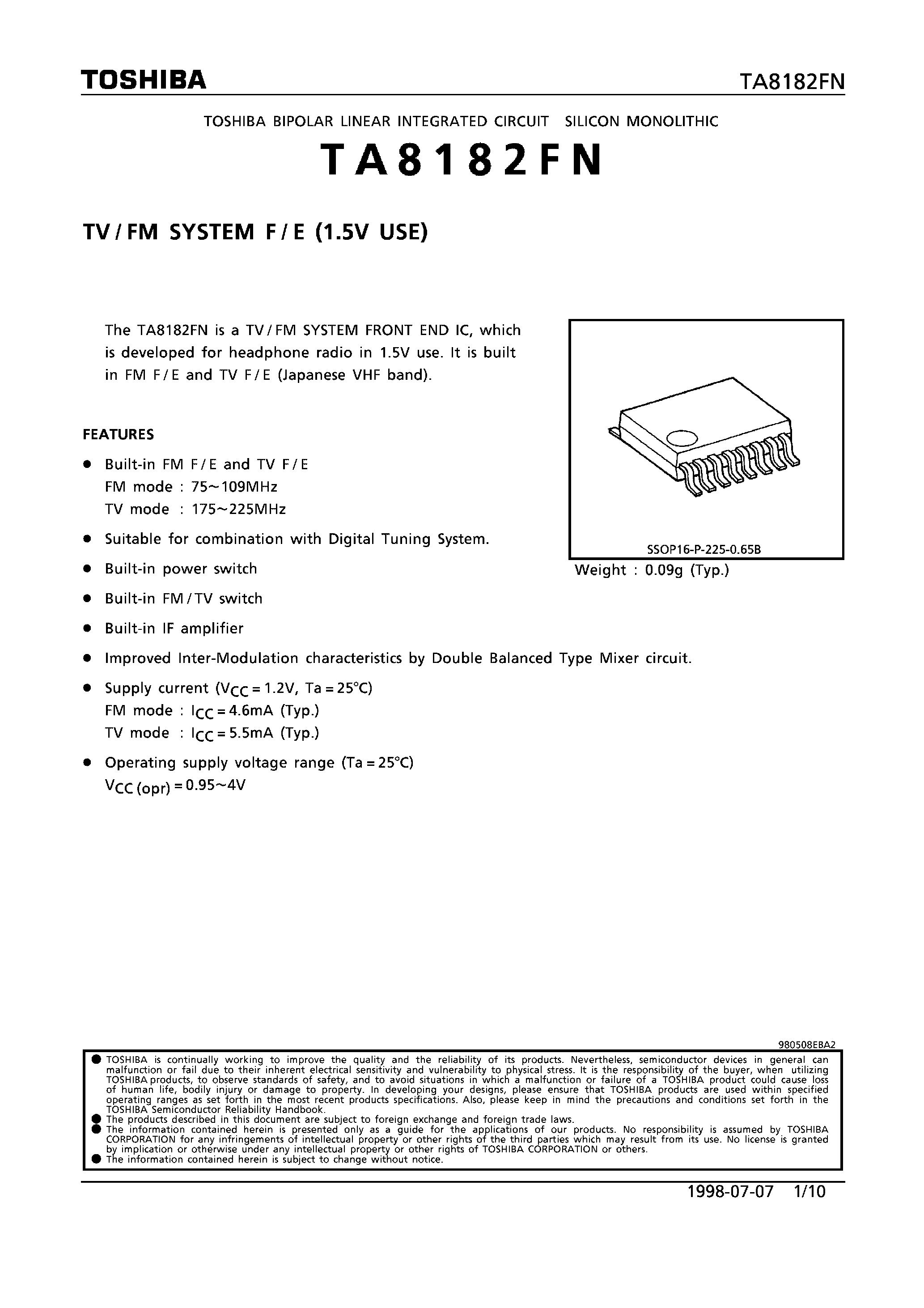 Даташит TA8182FN - TV/FM SYSTEM F/E (1.5V USE) страница 1