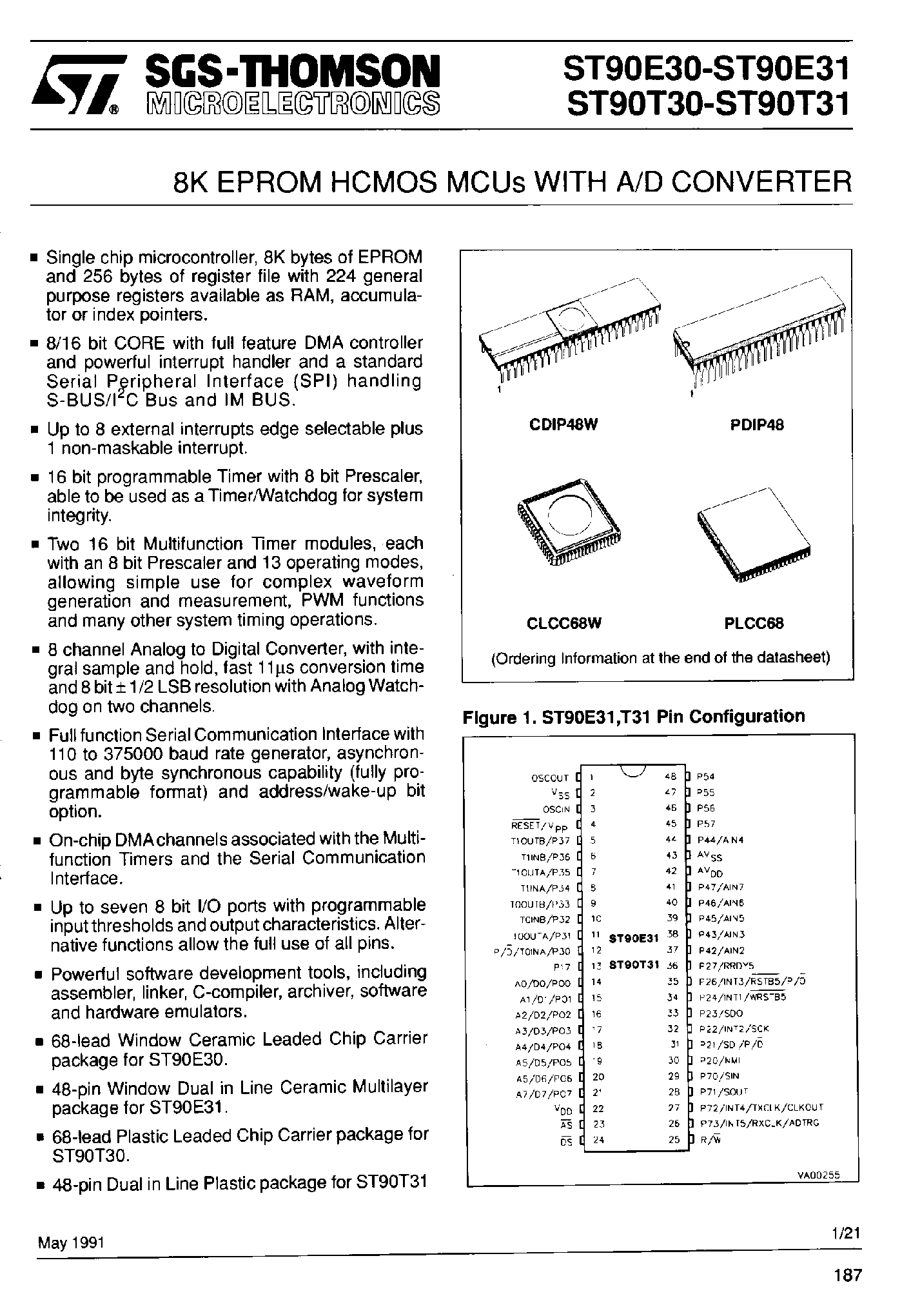 Datasheet ST90R30 - 8K EPROM HCMOS MCUs page 1