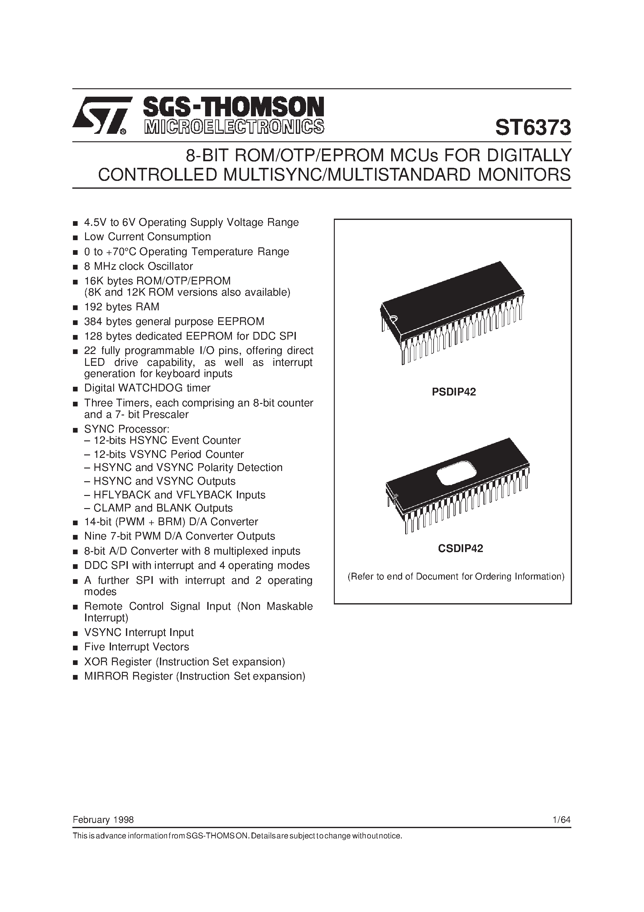 Datasheet ST63T73 - 8-BIT ROM/OTP/EPROM MCUs FOR DIGITALLY CONTROLLED MULTISYNC/MULTISTANDARD MONITORS page 1