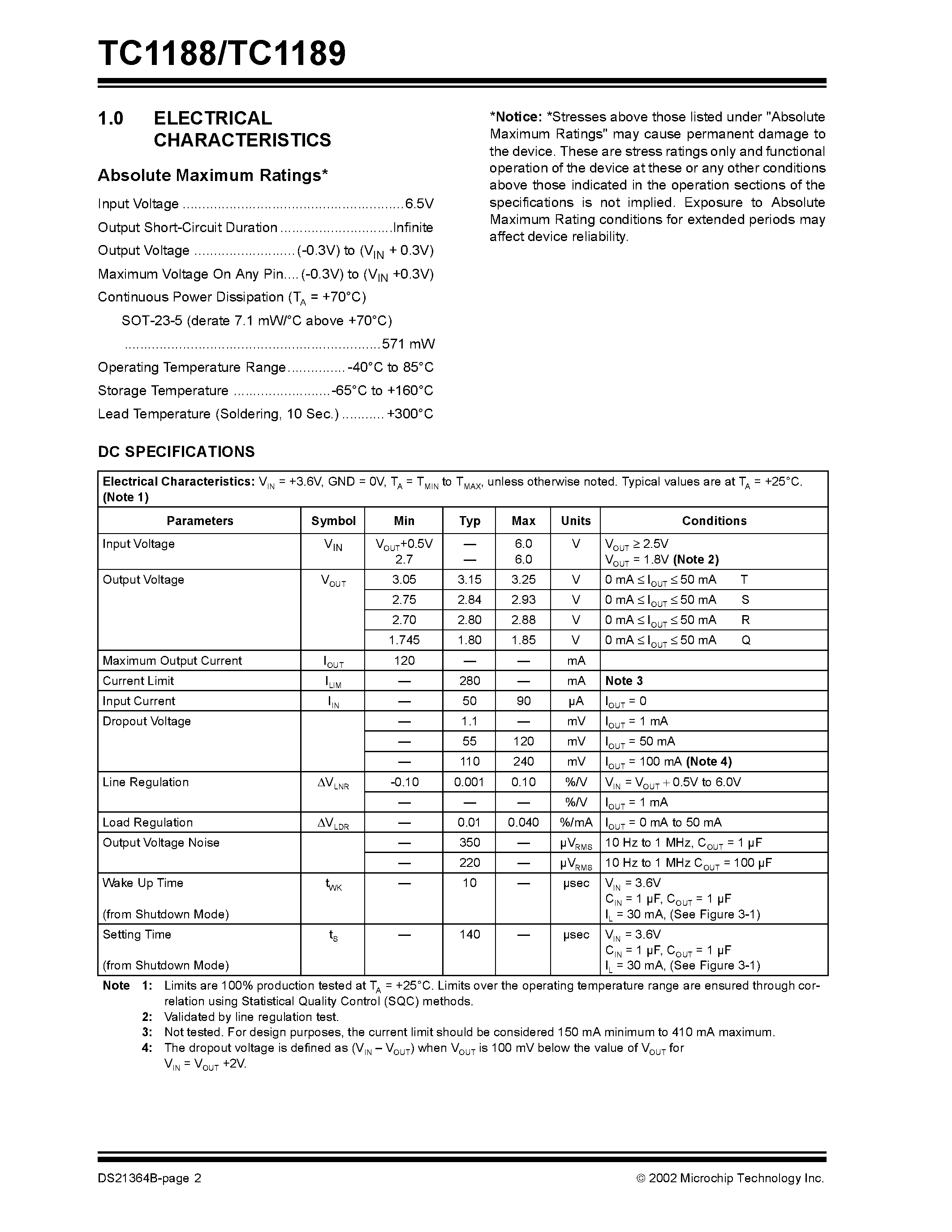 Datasheet TC1188 - (TC1189) MAX8863/64 Pin Compatible / Low Dropout / 120 mA Linear Regulators page 2