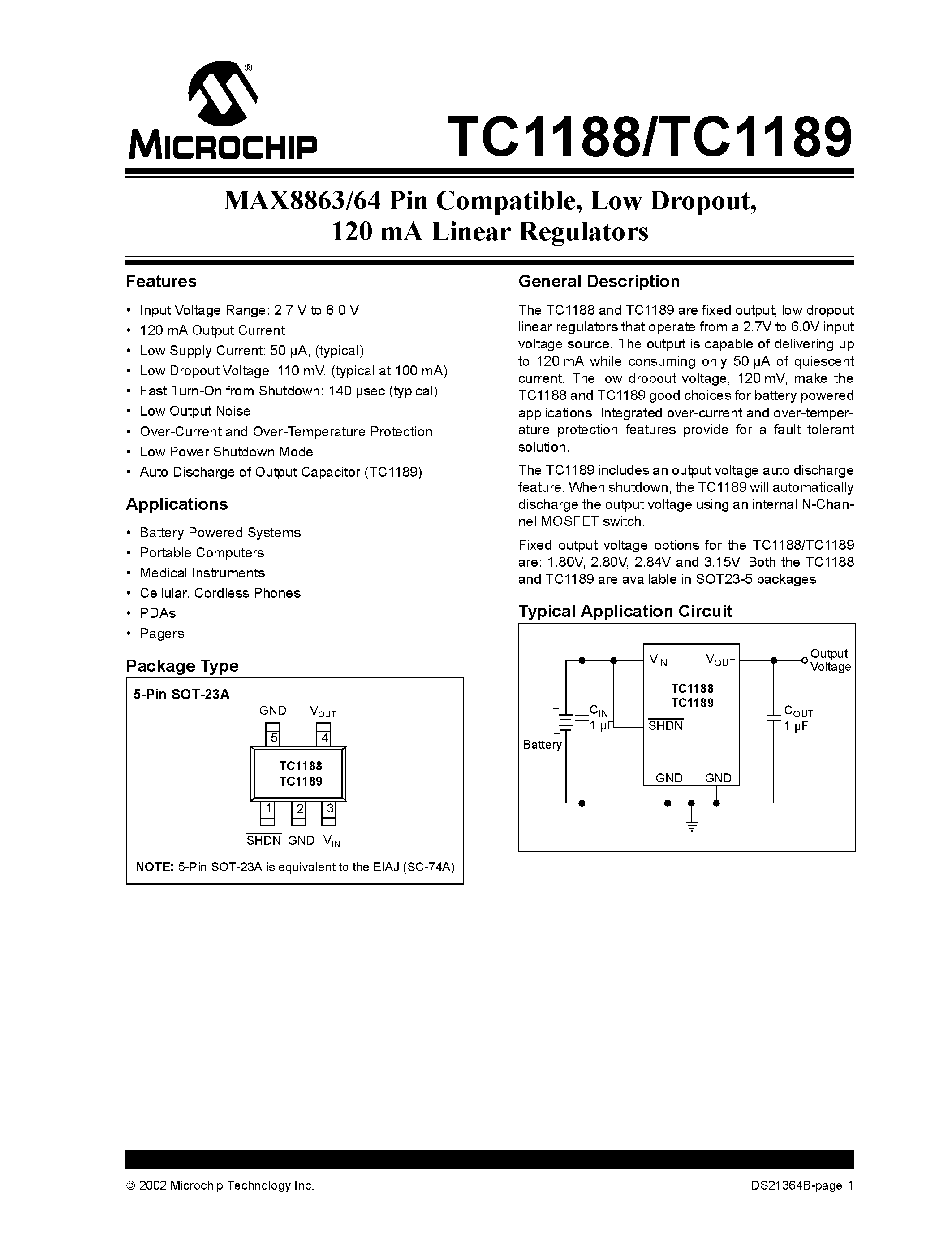 Даташит TC-1188 - (TC1189) MAX8863/64 Pin Compatible / Low Dropout / 120 mA Linear Regulators страница 1