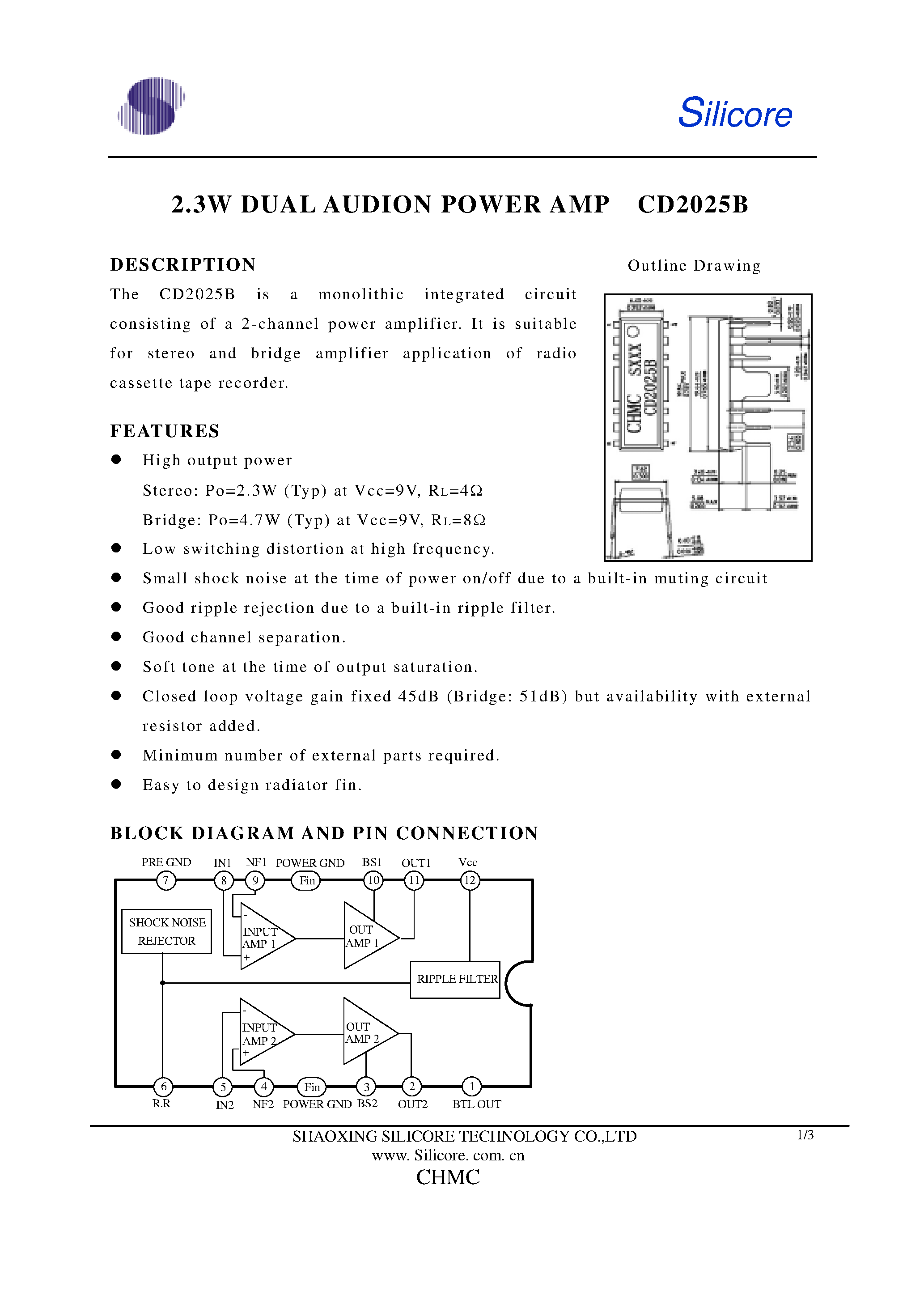 Datasheet CD2025B - 2.3W Dual Audio Power AMP page 1