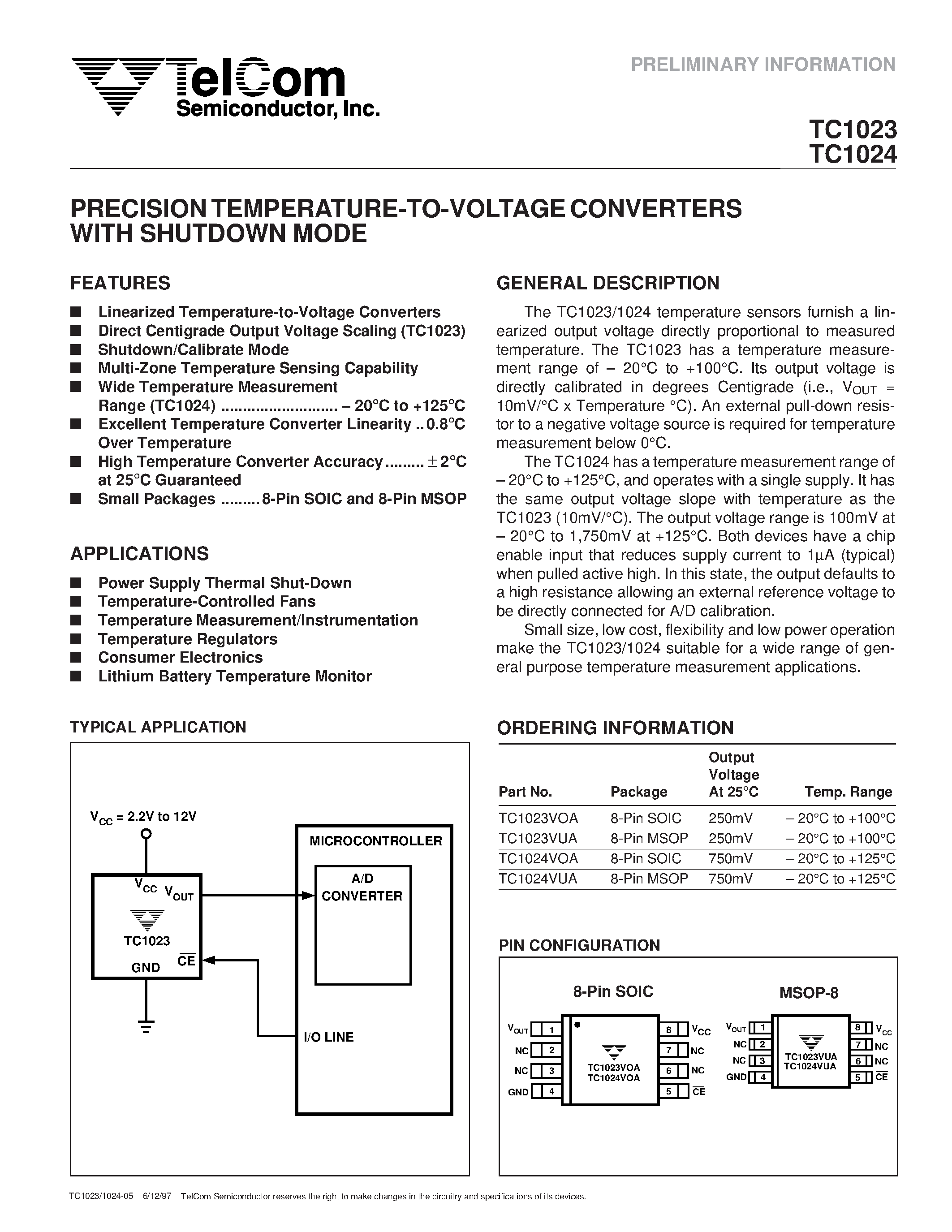 Datasheet TC1023 - (TC1024) PRECISION TEMPERATURE-TO-VOLTAGE CONVERTERS WITH SHUTDOWN MODE page 1