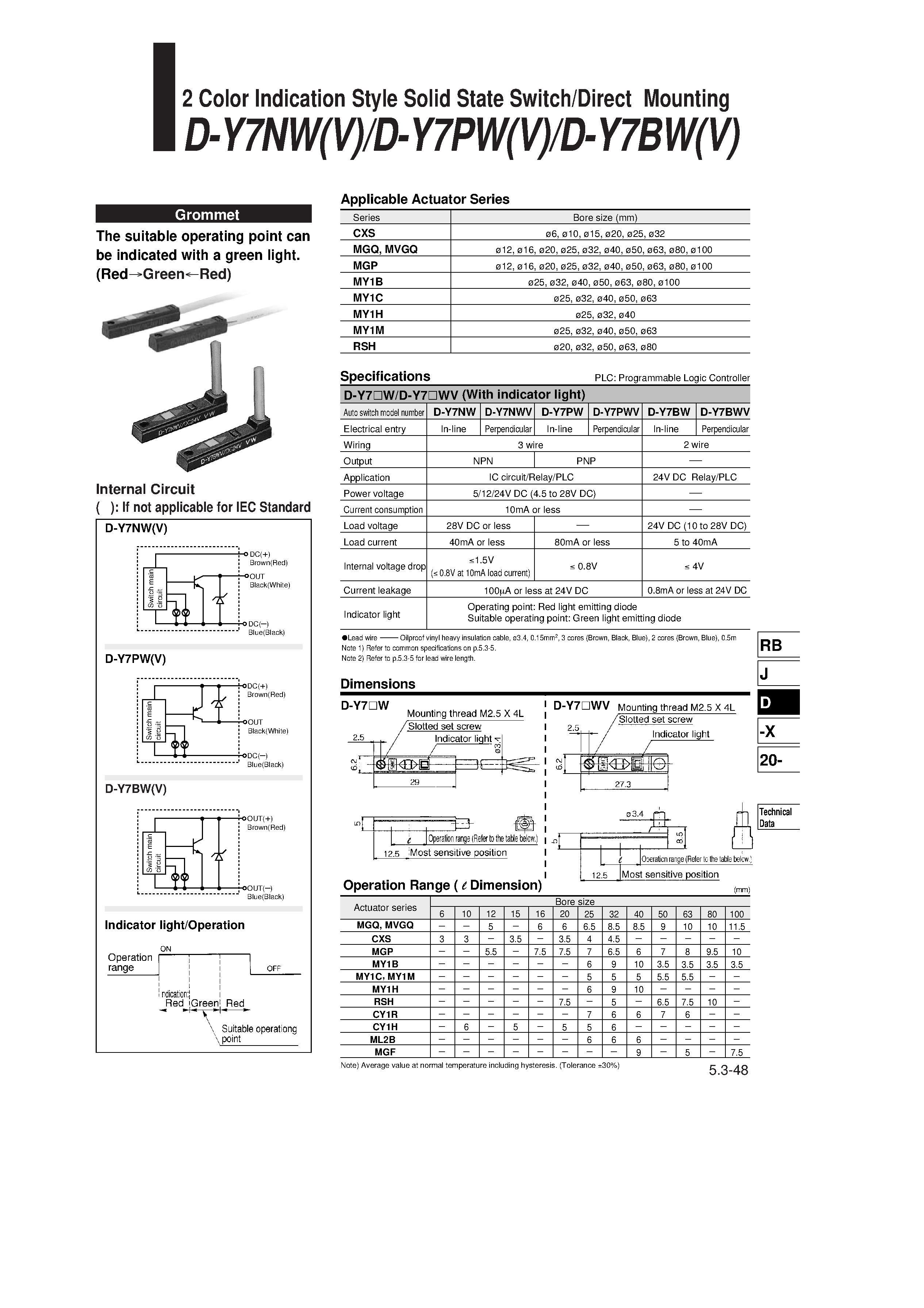 Datasheet D-Y7PW - (D-Y7xx) 2 Color Indication Style Solid State Switch / Direct Mounting page 1