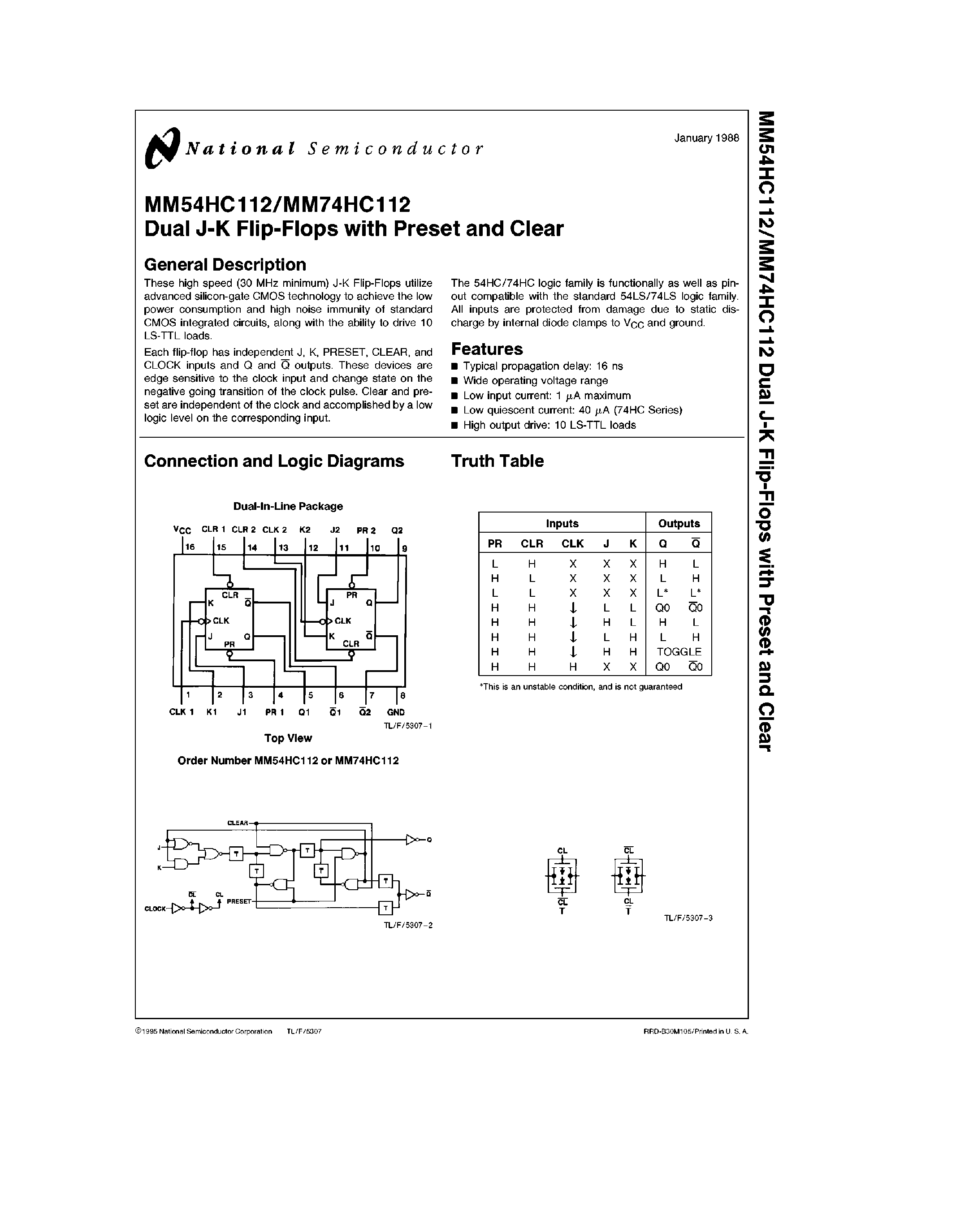 Datasheet MM74HC112J - Dual J-K F-F with Preset and Clear page 1