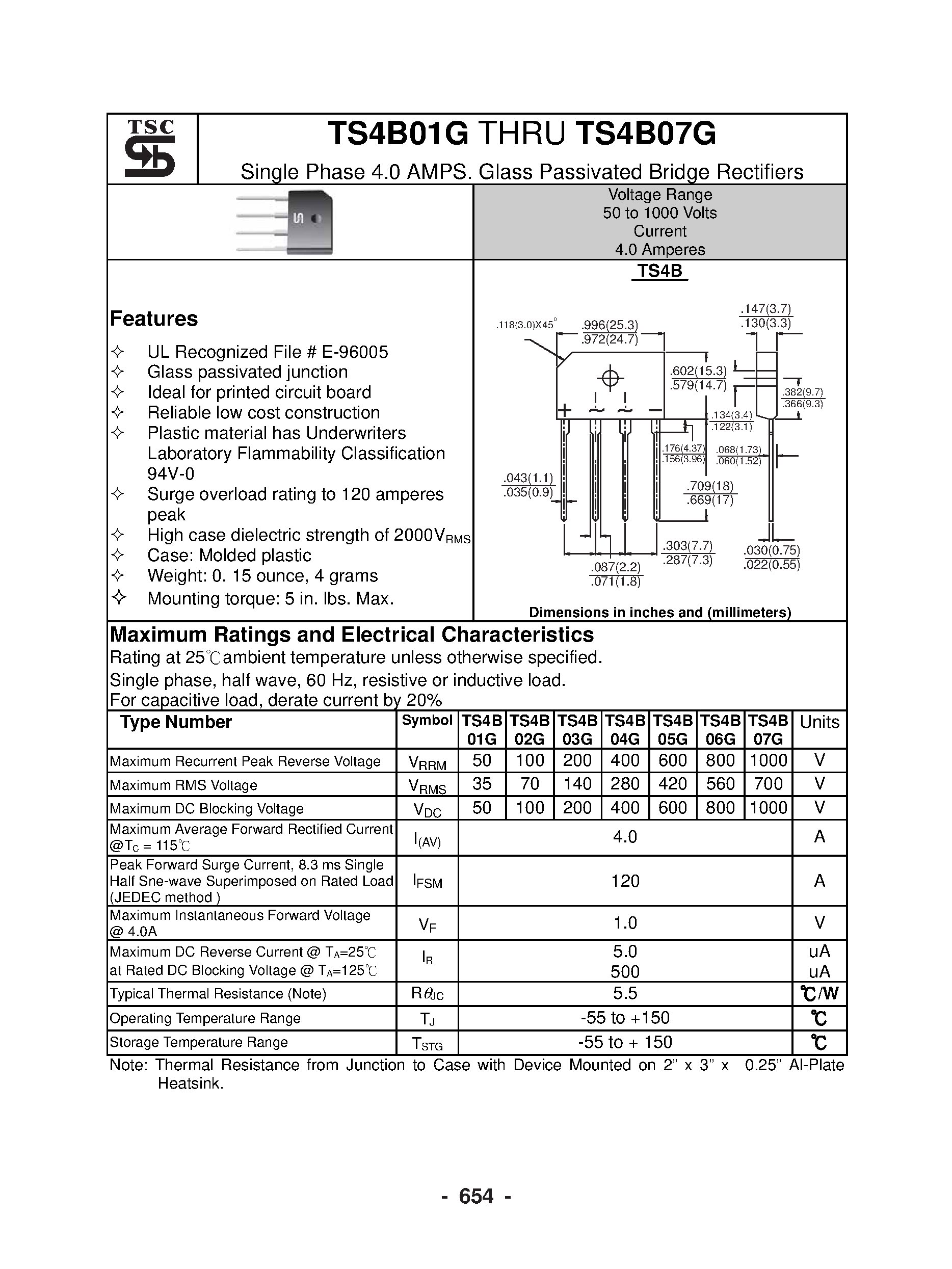 Даташит TS4B01G - (TS4B01G - TS4B07G) Single Phase 4.0 AMPS / Glass Passivated Bridge Rectifiers страница 1