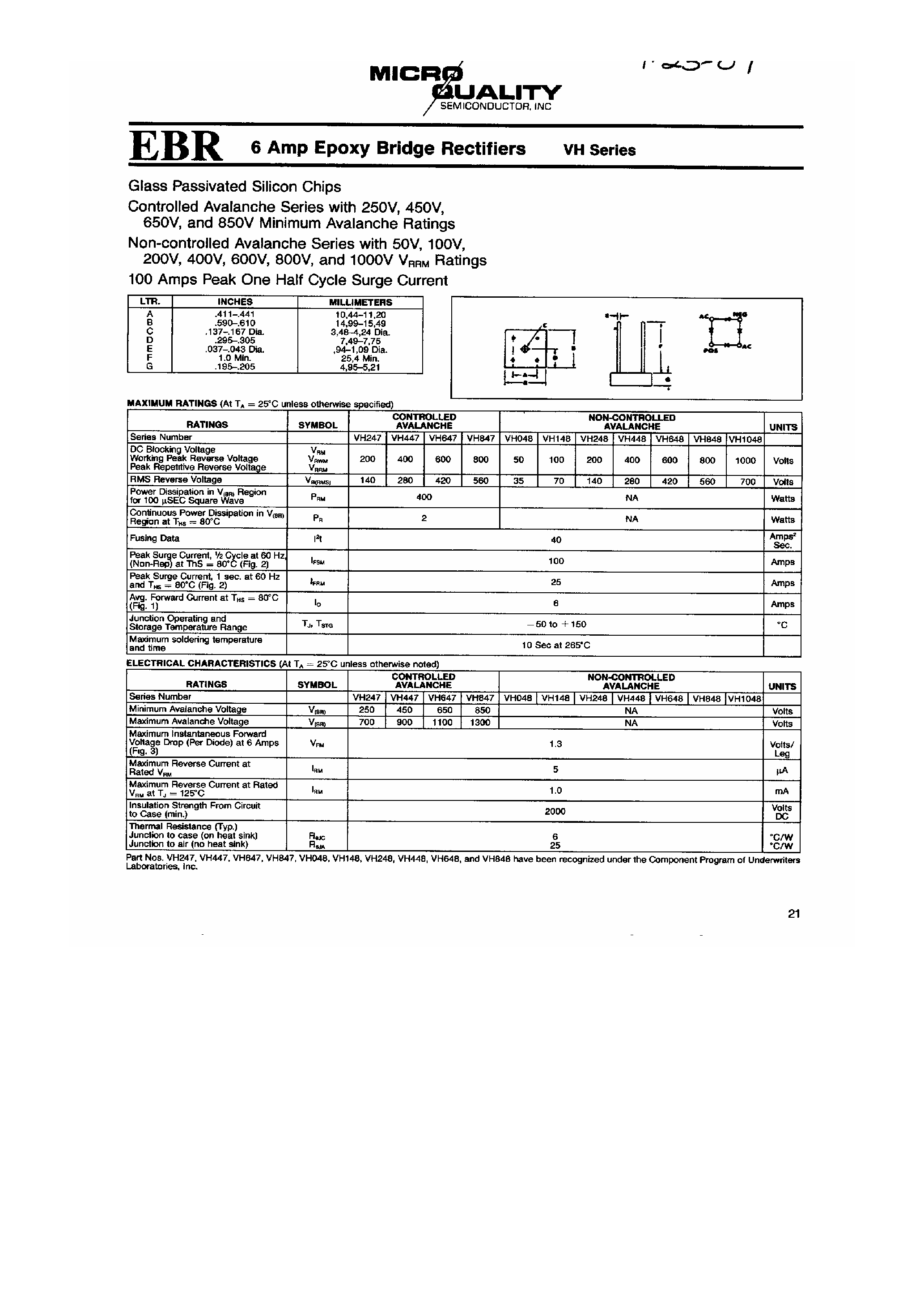 Datasheet VH148 - 6 Amp Epoxy Bridge Rectifiers page 1