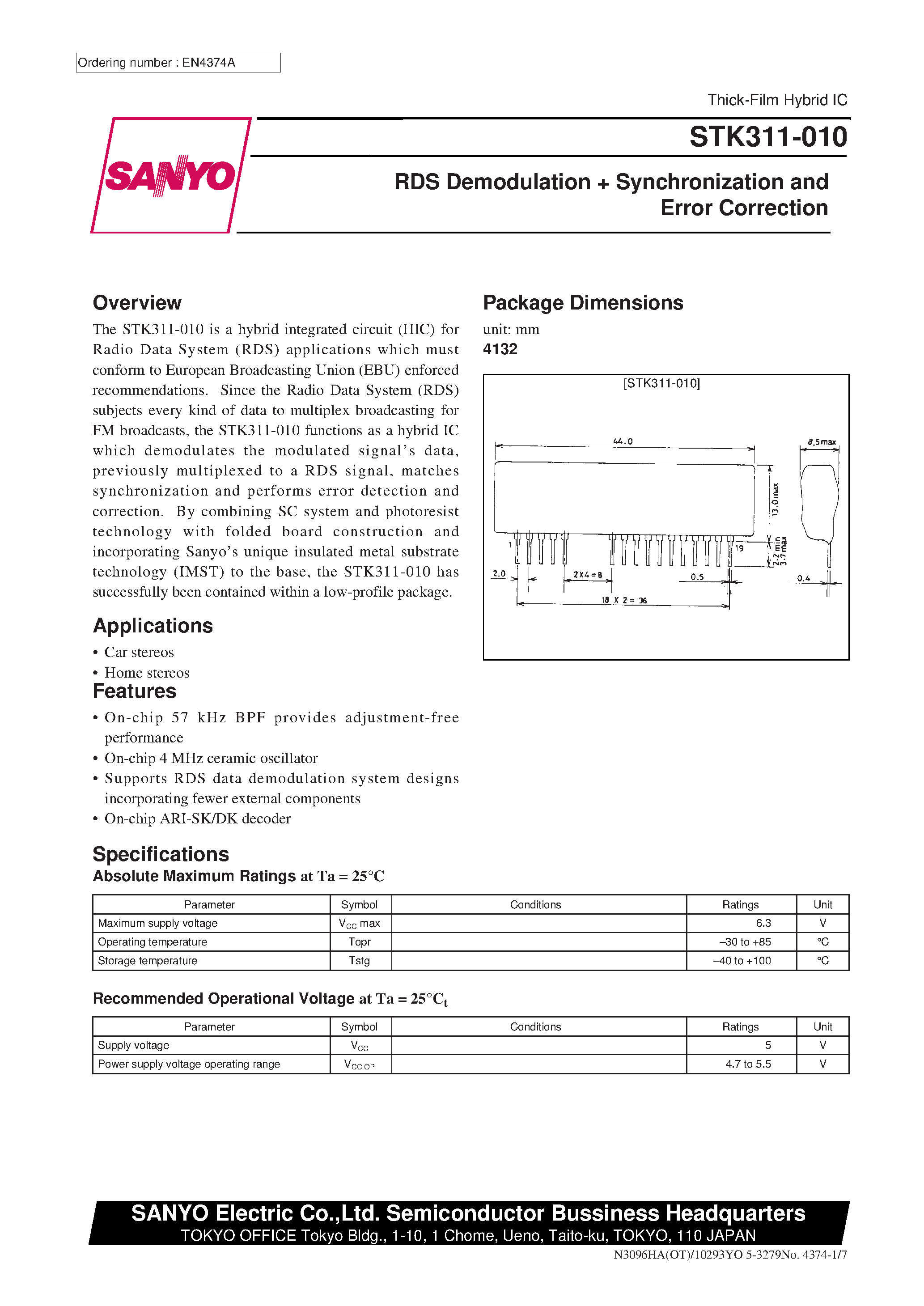 Datasheet STK311-010 - RDS Demodulation + Synchronization and Error Correction page 1