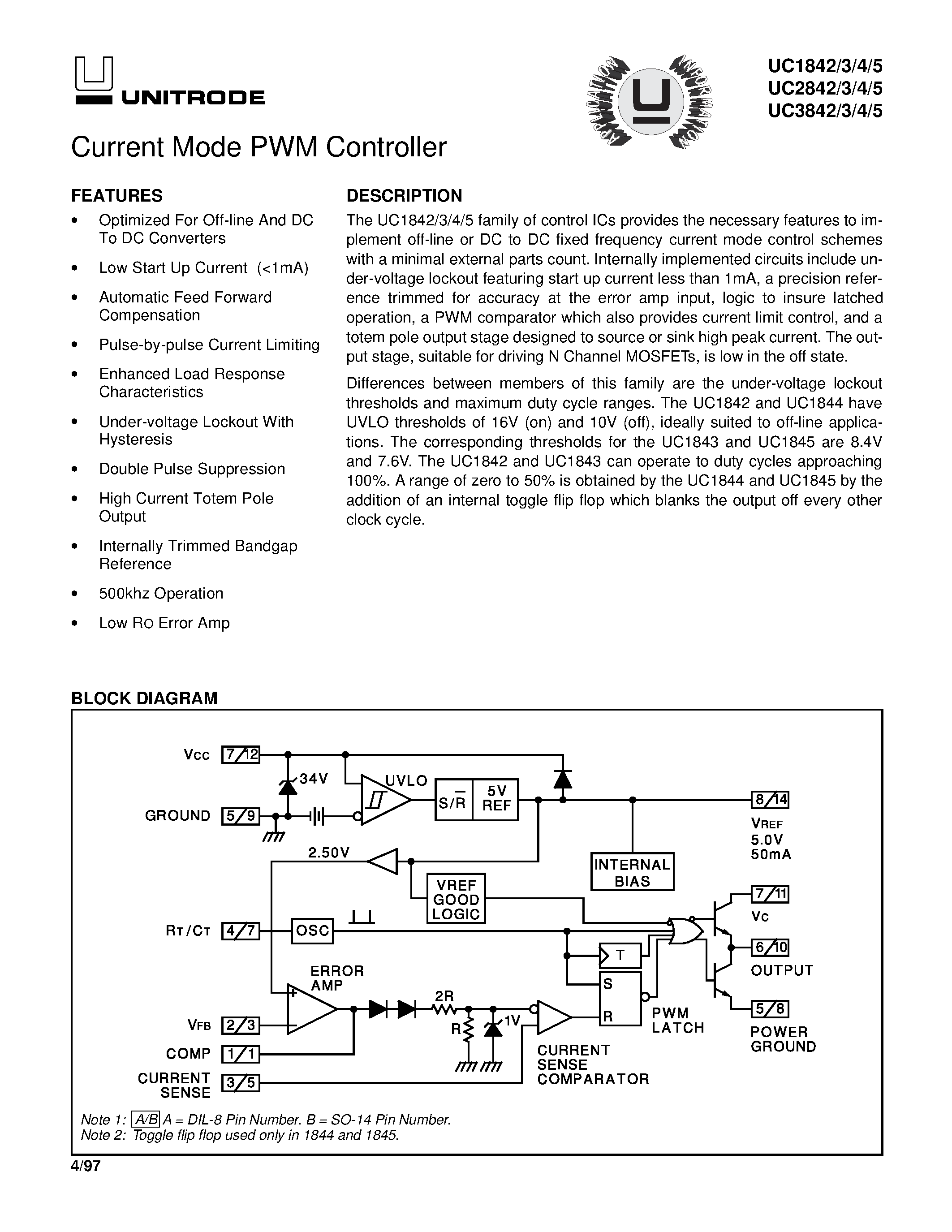 Datasheet UC2844 - Current Mode PWM Controller page 1
