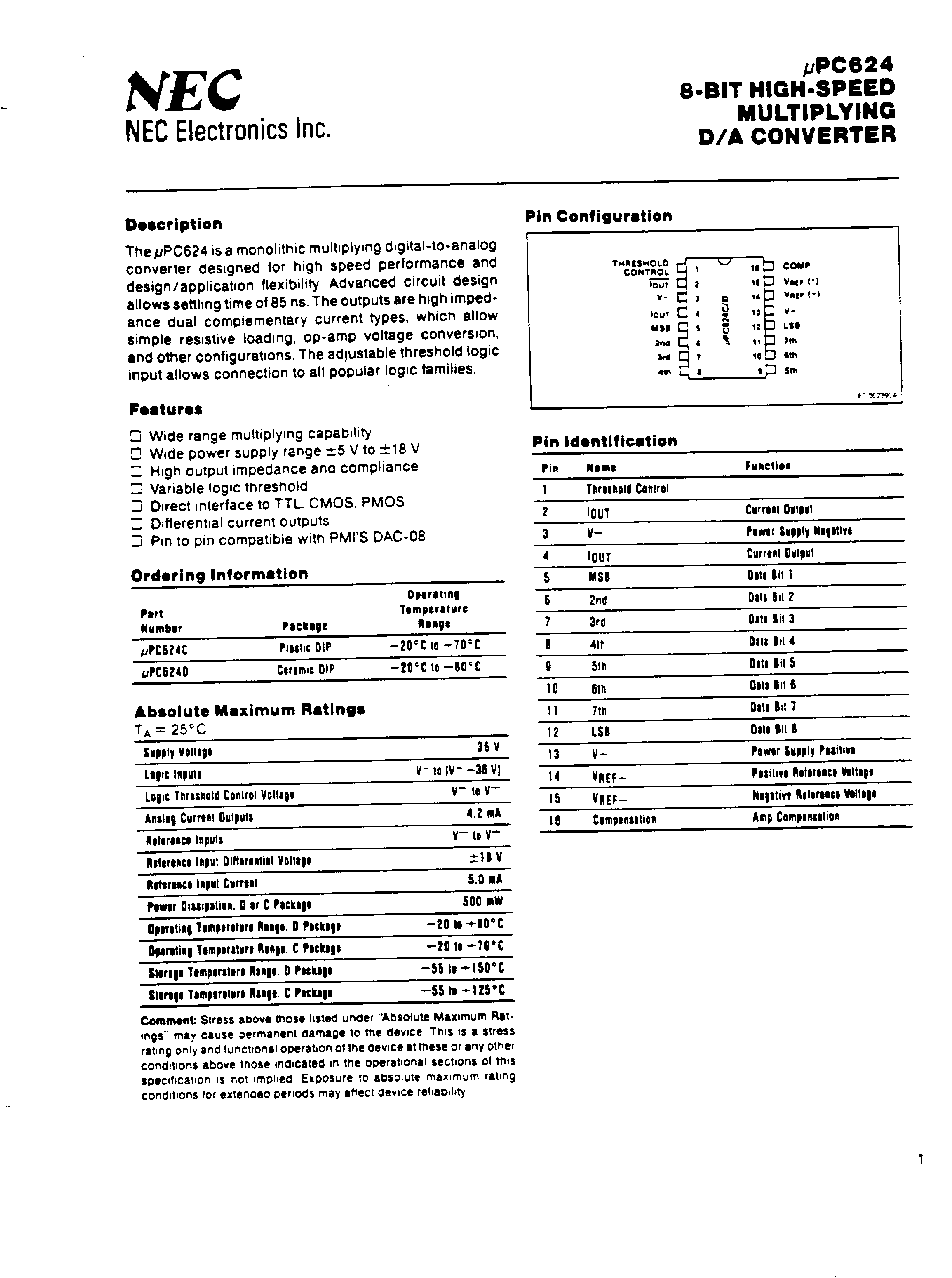 Datasheet UPC624 - 8-Bit High Speed Multiplying D/A Converter page 1