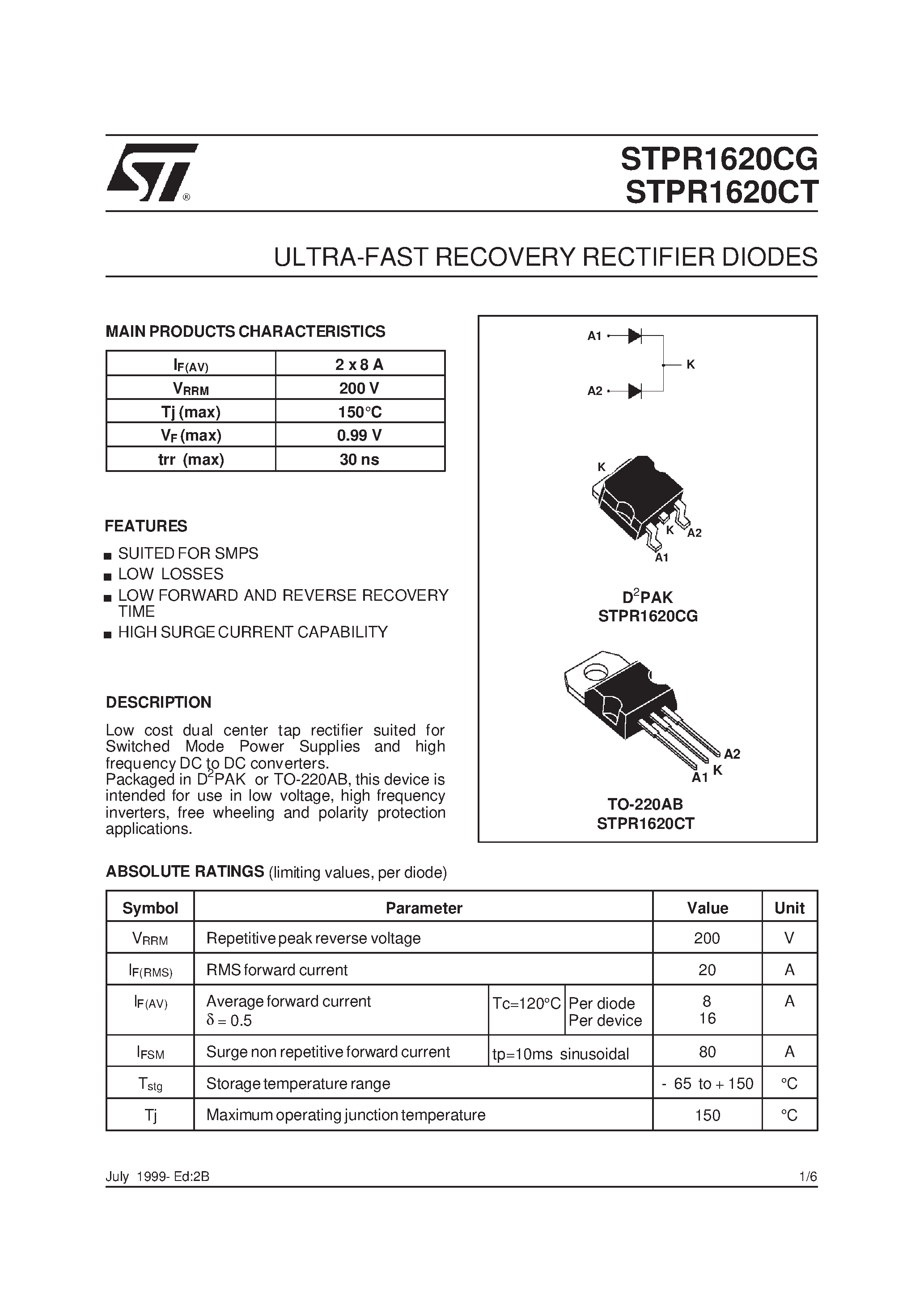 Datasheet STPR1620 - ULTRA-FAST RECOVERY RECTIFIER DIODES page 1