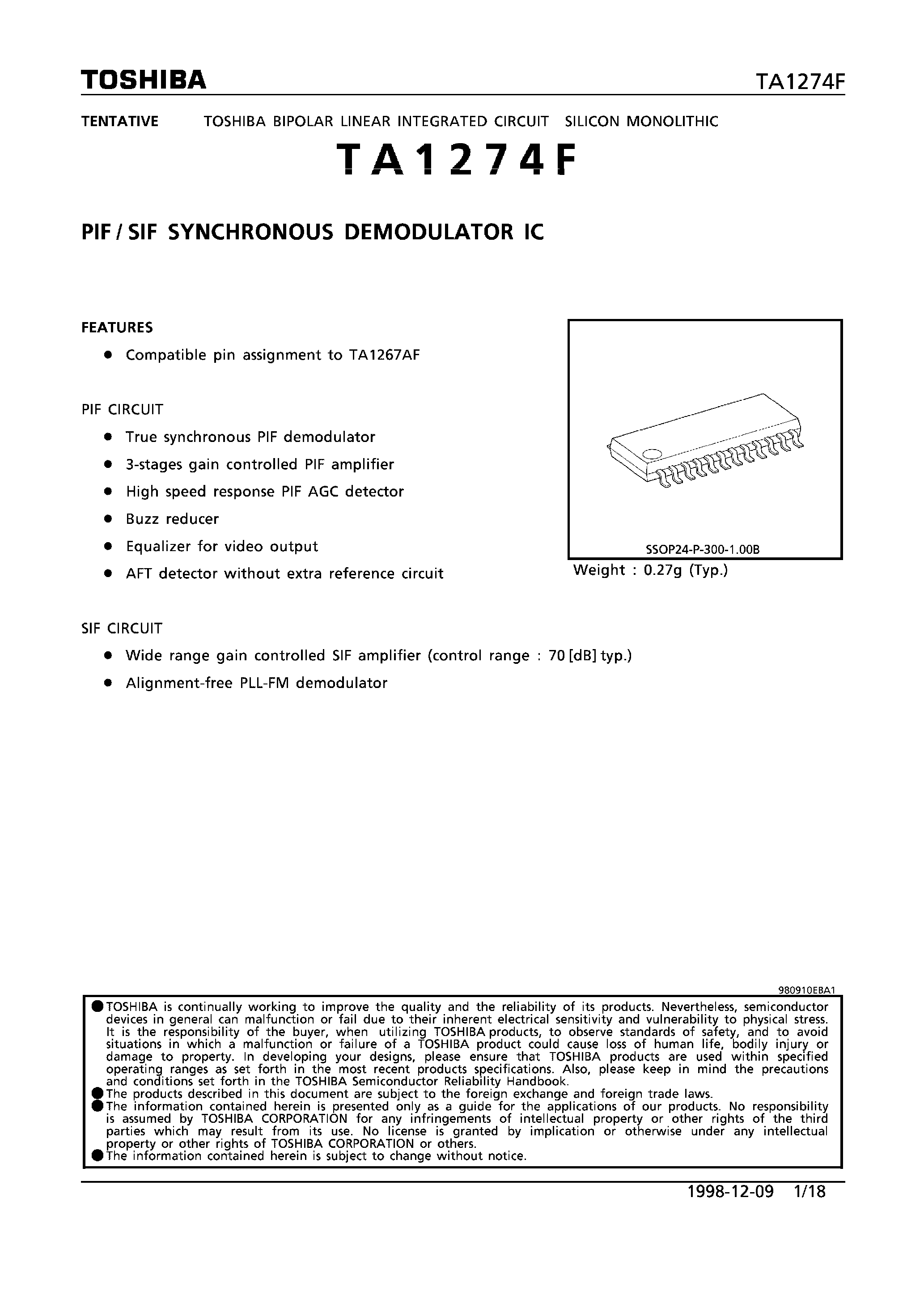 Datasheet TA1274F - PIF/SIF SYNCHRONOUS DEMODULATOR IC page 1