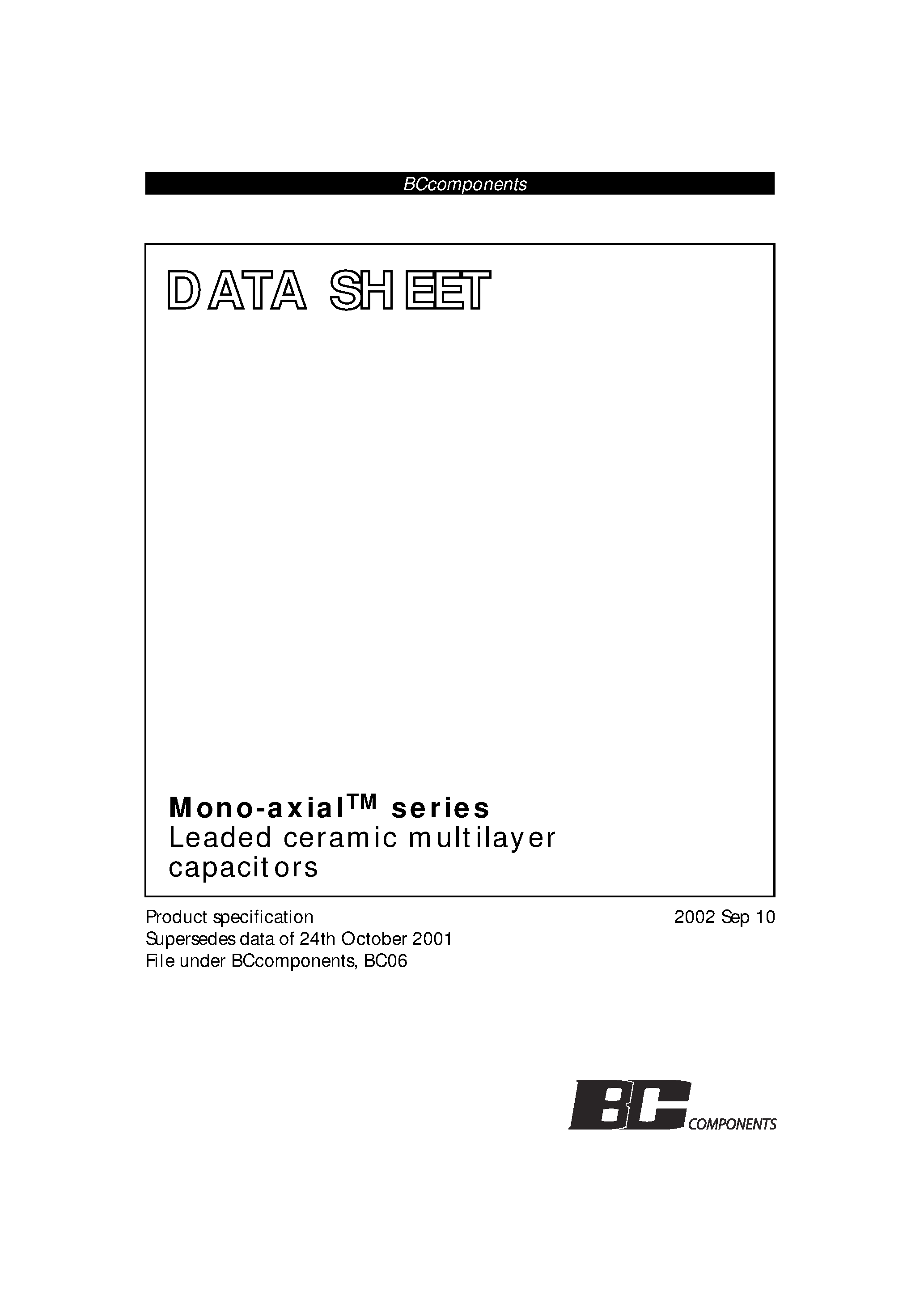 Datasheet A562J20C0GF5 - Mono-Axial Series / Leaded Ceramic Multilayer Capacitors page 1