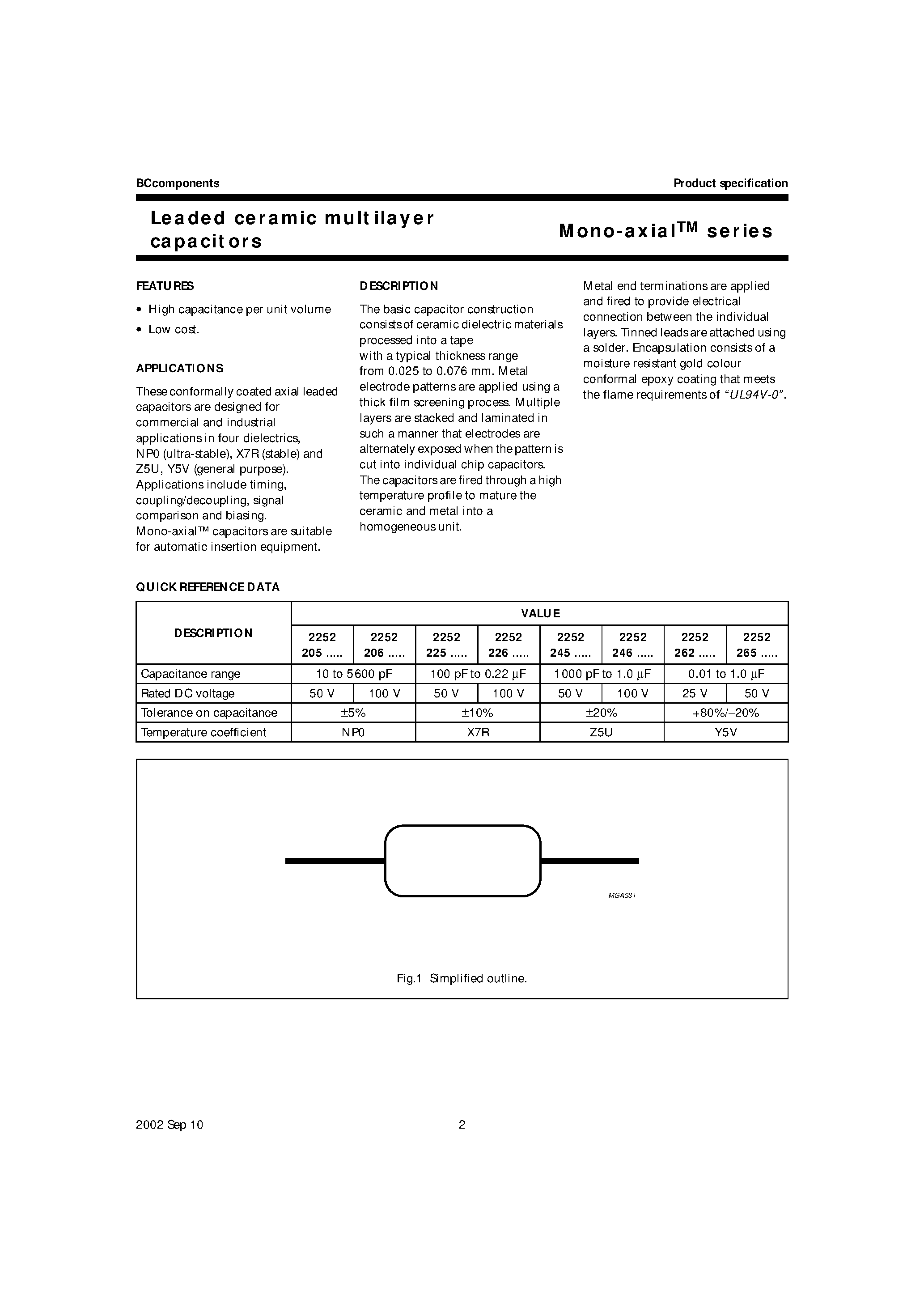 Datasheet A562J20C0GF5 - Mono-Axial Series / Leaded Ceramic Multilayer Capacitors page 2
