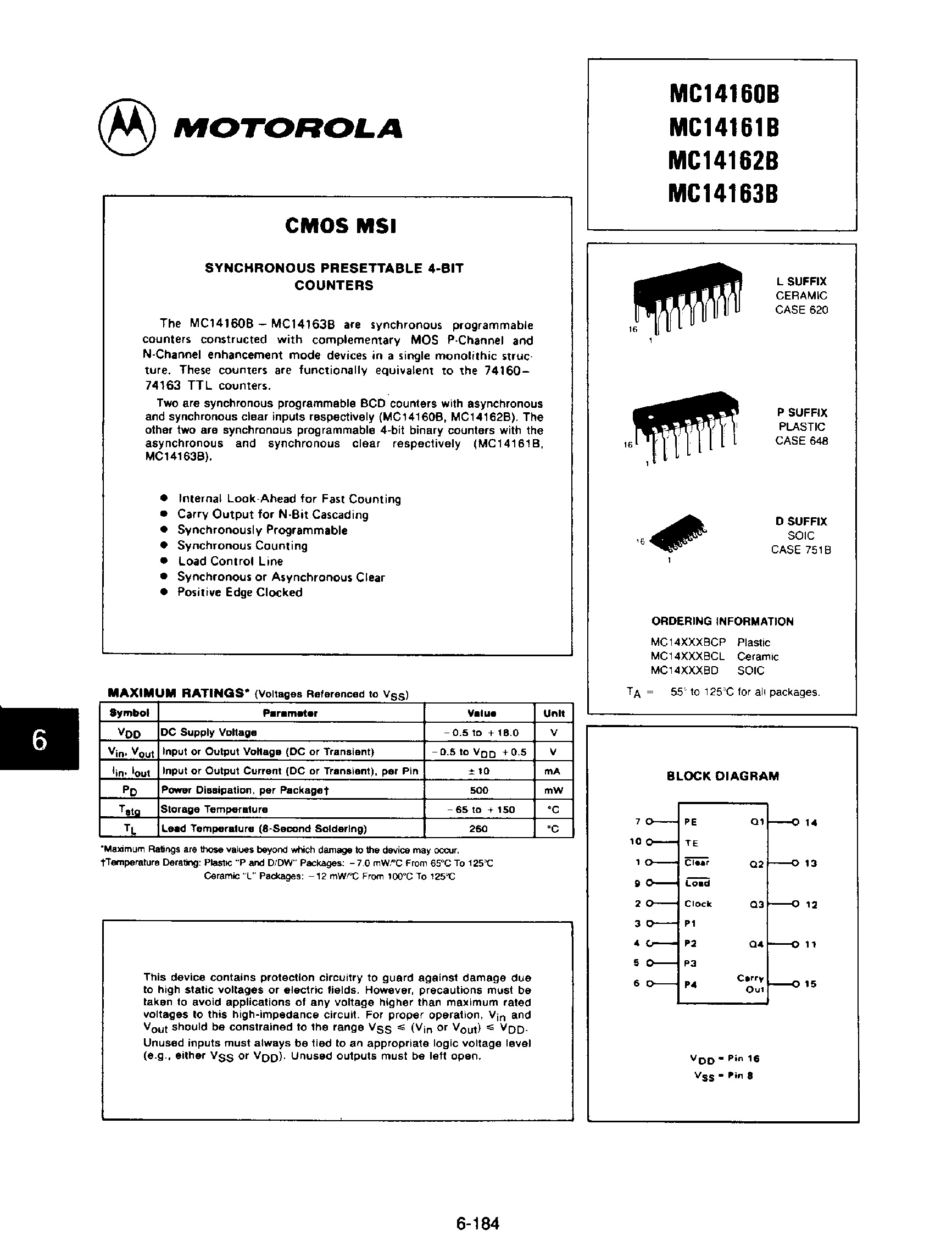 Datasheet MC14162B - Synchronous Presettable 4-Bit Counters page 1