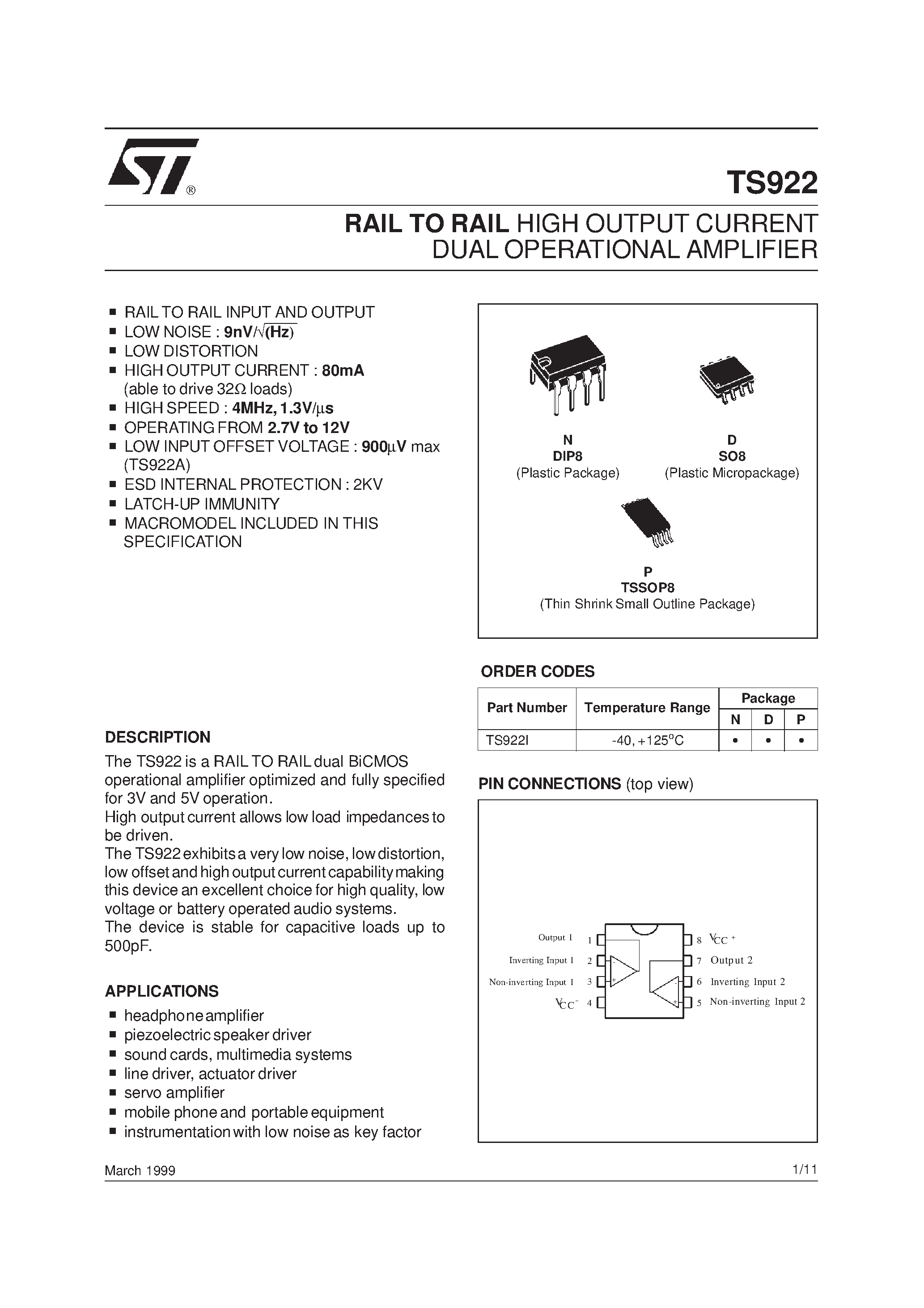 Даташит TS922 - RAIL TO RAIL HIGH OUTPUT CURRENT QUAD OPERATIONAL AMPLIFIER страница 1