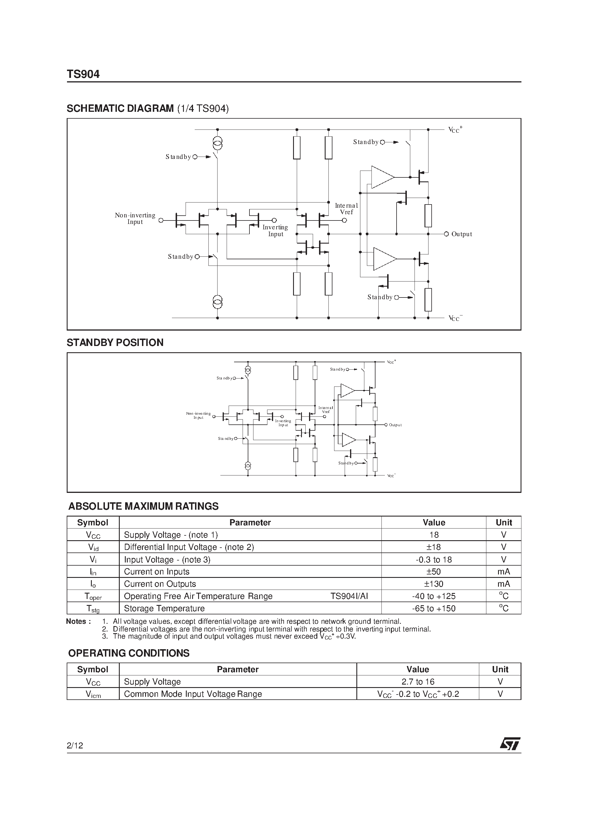 Datasheet TS904 - RAIL TO RAIL CMOS QUAD OPERATIONAL AMPLIFIER WITH STANDBY POSITION page 2
