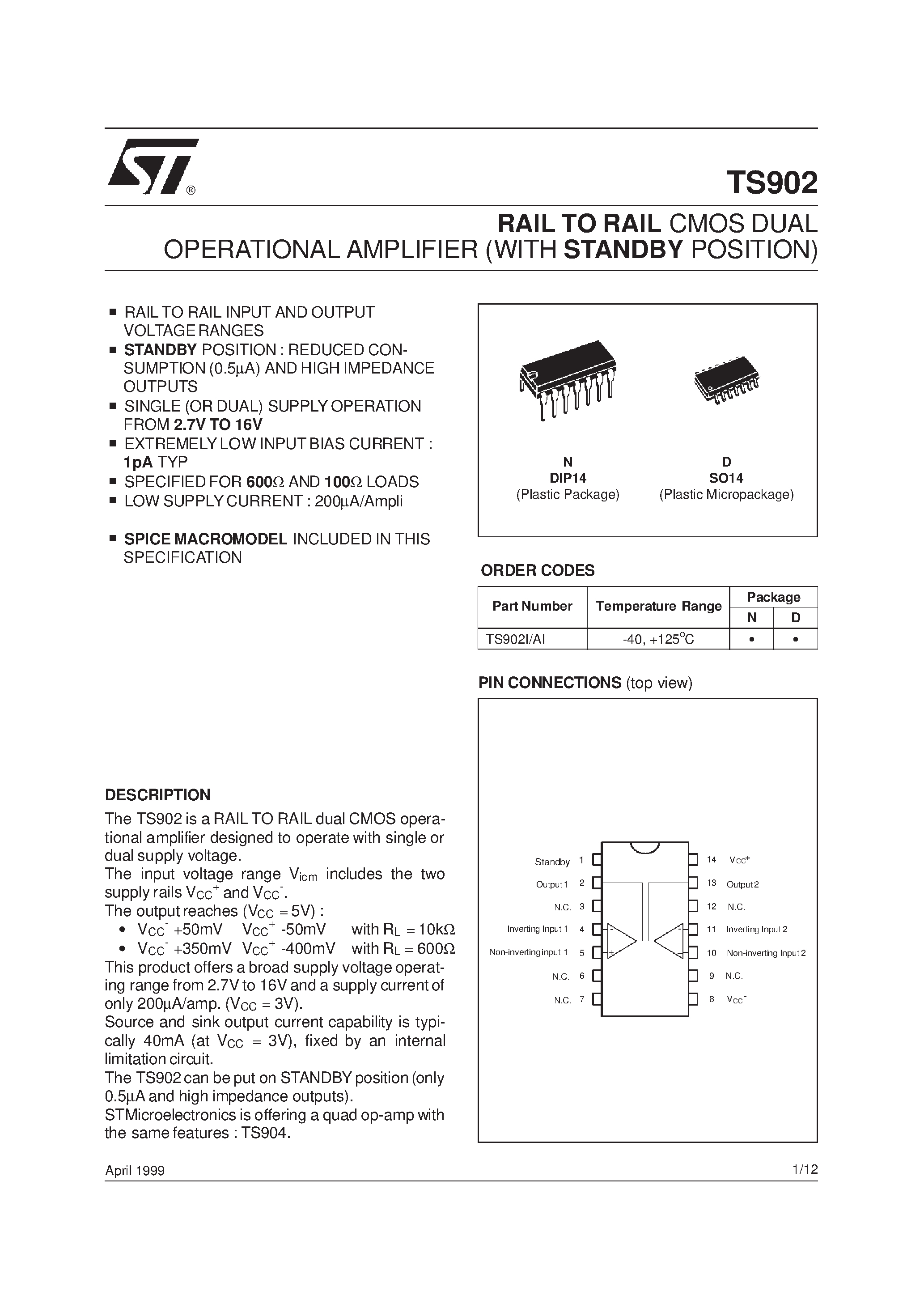 Даташит TS902 - RAIL TO RAIL CMOS DUAL OPERATIONAL AMPLIFIER WITH STANDBY POSITION страница 1