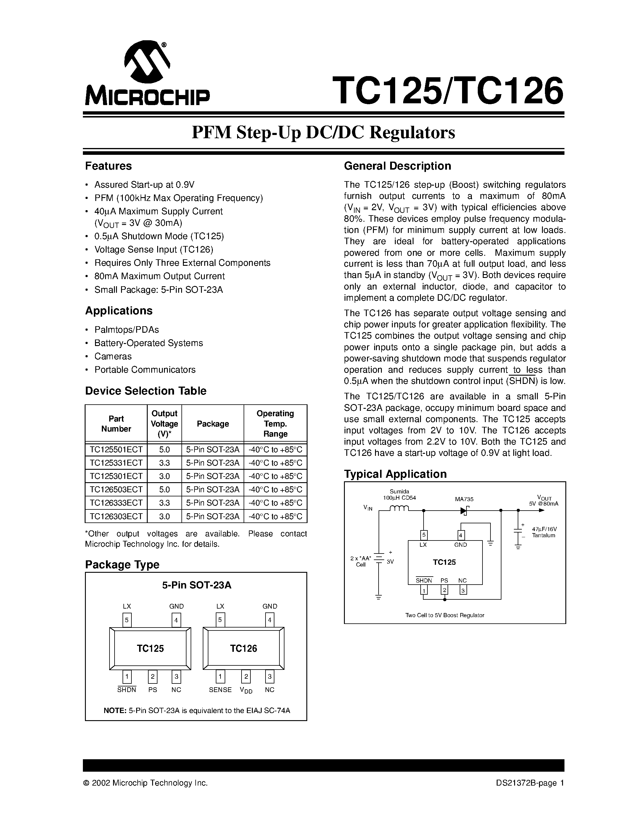 Datasheet TC125 - (TC125) PFM Step-Up DC/DC Regulators page 1