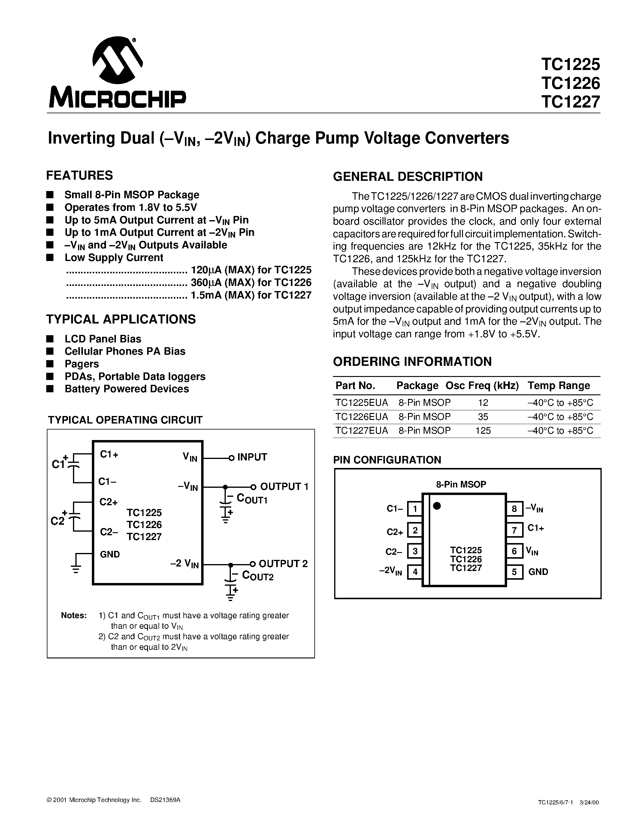 Даташит TC1225 - (TC1225 / TC1226 / TC1227) Inverting Dual Charge Pump Voltage Converters страница 1