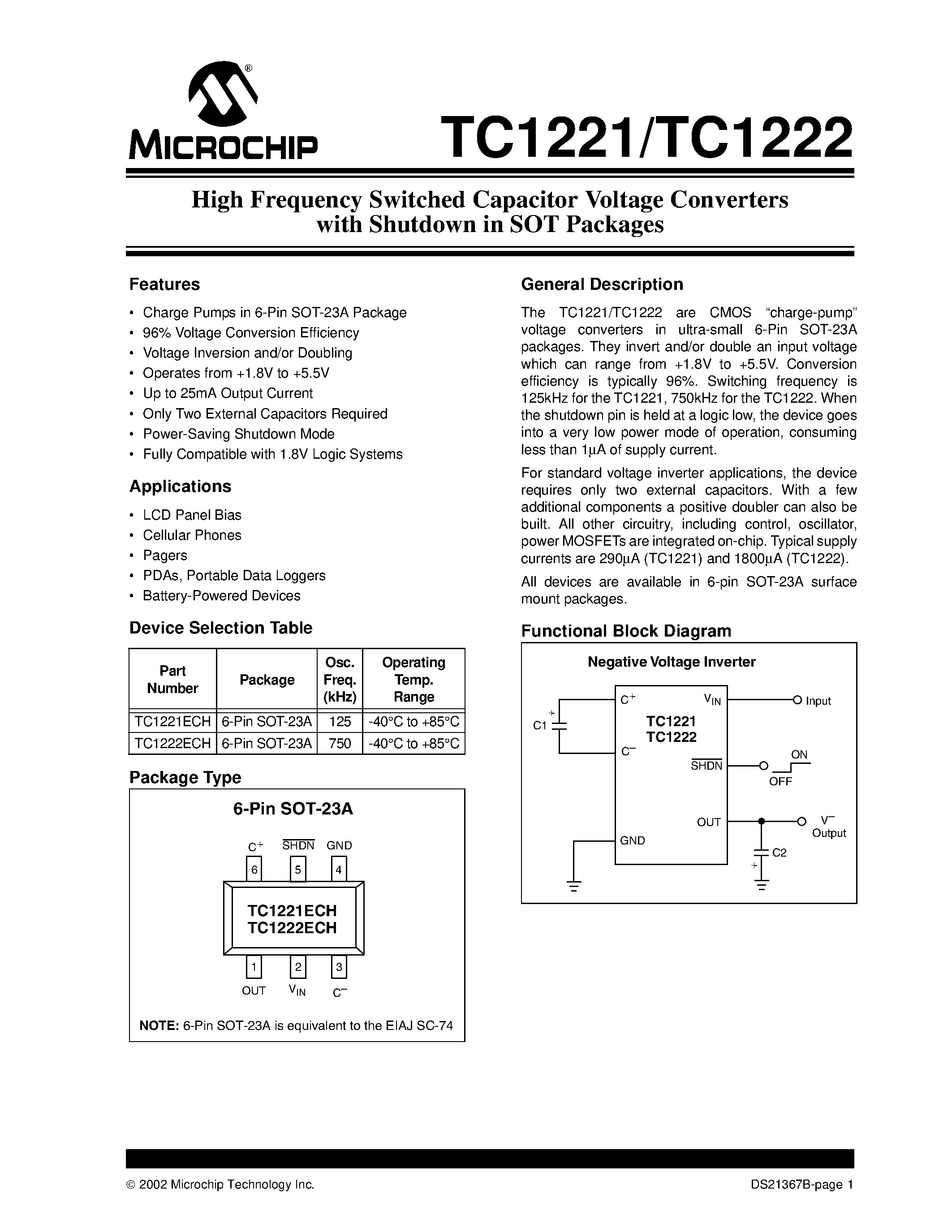 Datasheet TC1221 - (TC1221) High Frequency Switched Capacitor Voltage Converters with Shutdown in SOT Packages page 1