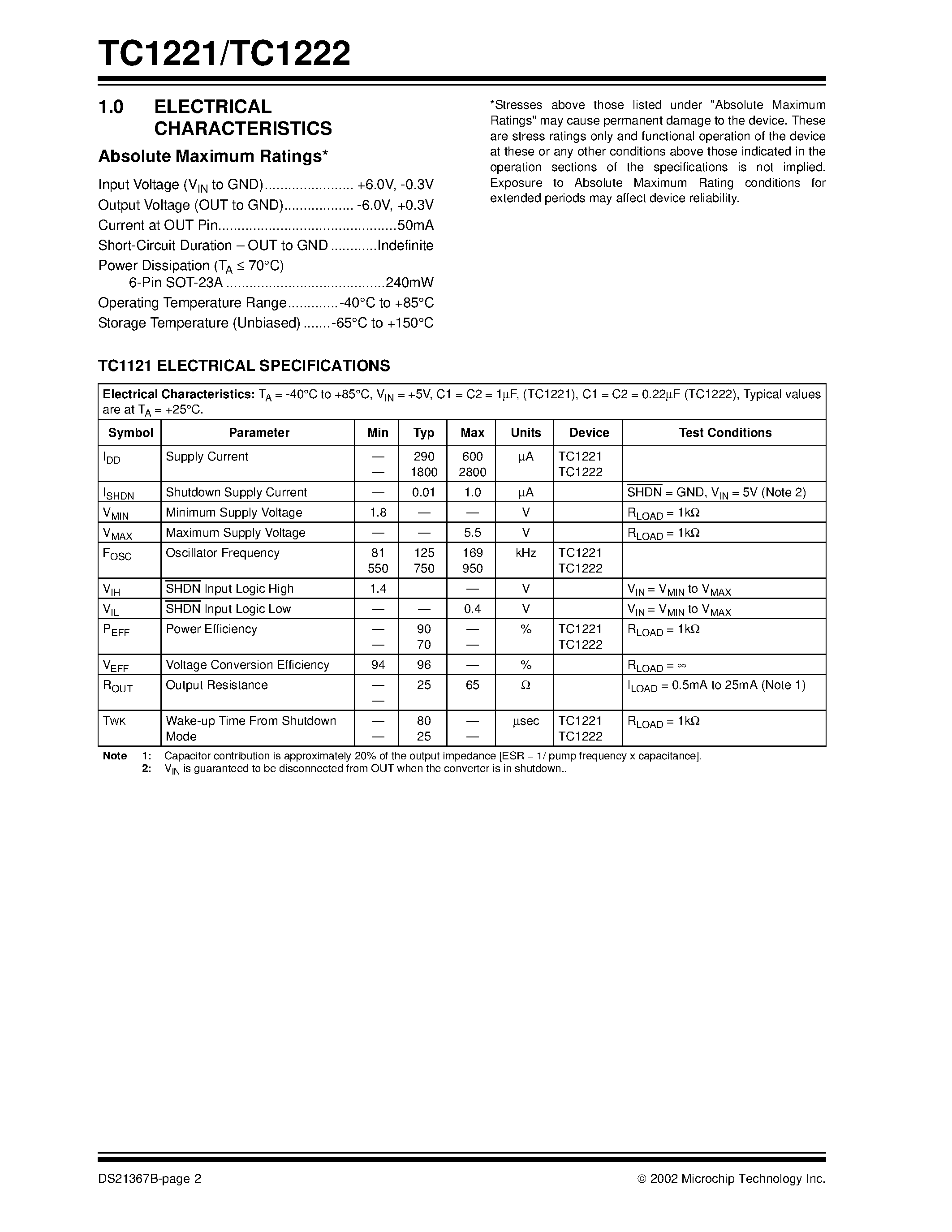 Datasheet TC1221 - (TC1221) High Frequency Switched Capacitor Voltage Converters with Shutdown in SOT Packages page 2