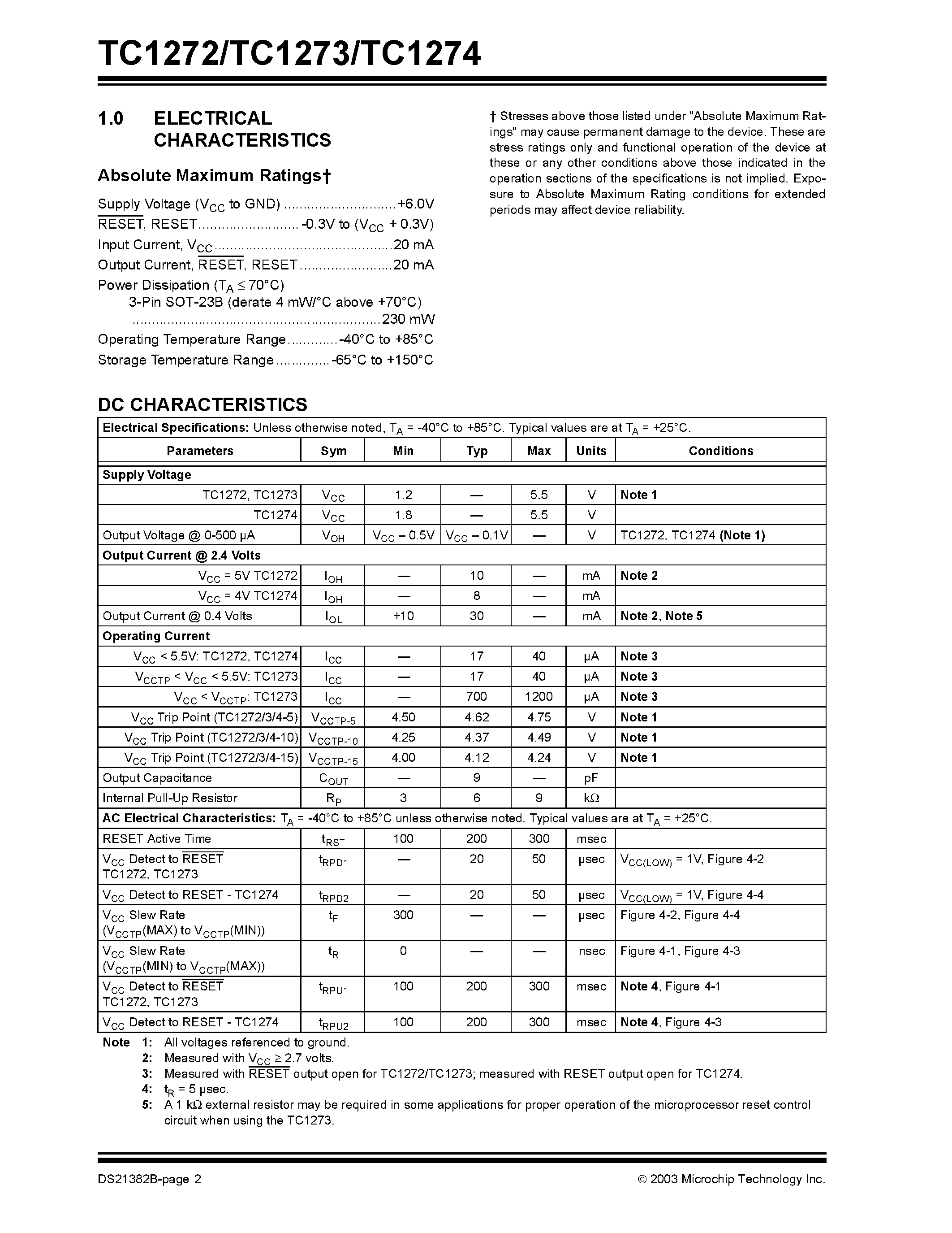 Даташит TC1272 - (TC1272 / TC1273 / TC1274) 3-Pin Reset Monitors for 5V Systems страница 2