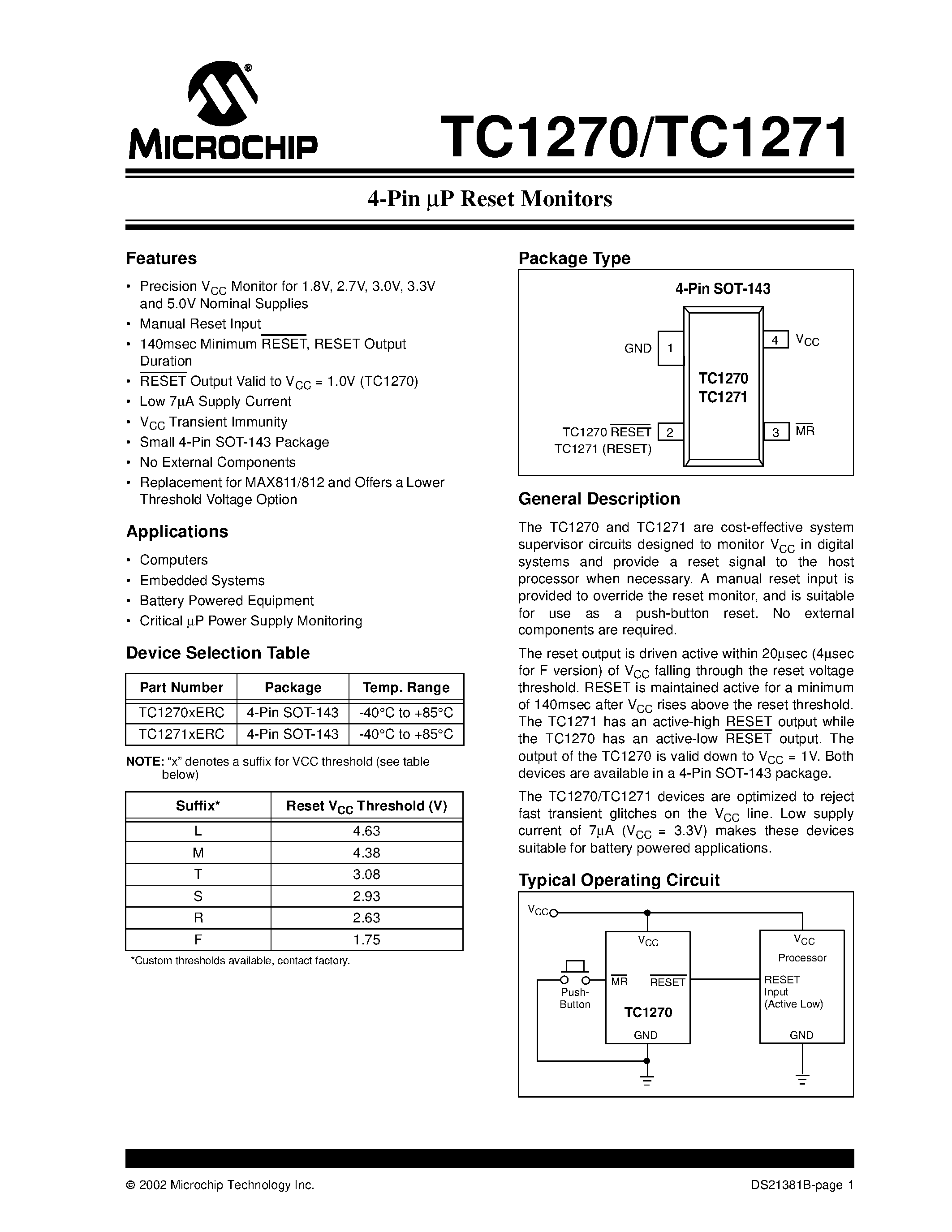 Datasheet TC1270 - (TC1270) 4-Pin uP Reset Monitors page 1