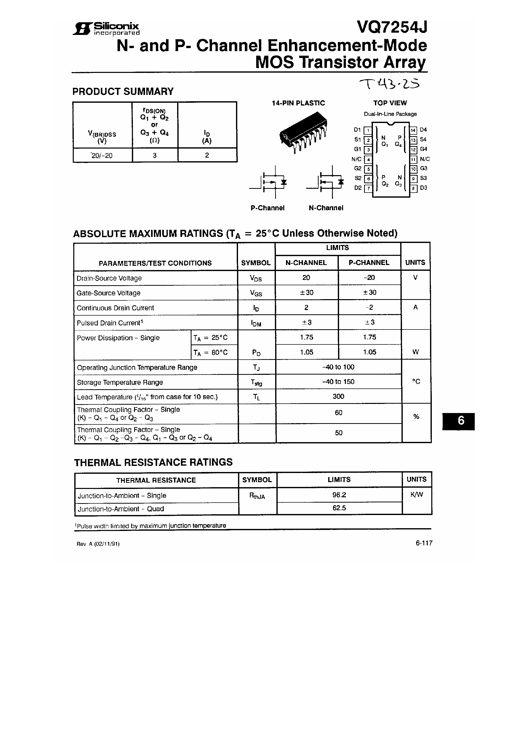 Даташит VQ7254J - N and P-Channel Enhancement Mode MOS Transistor Array страница 1