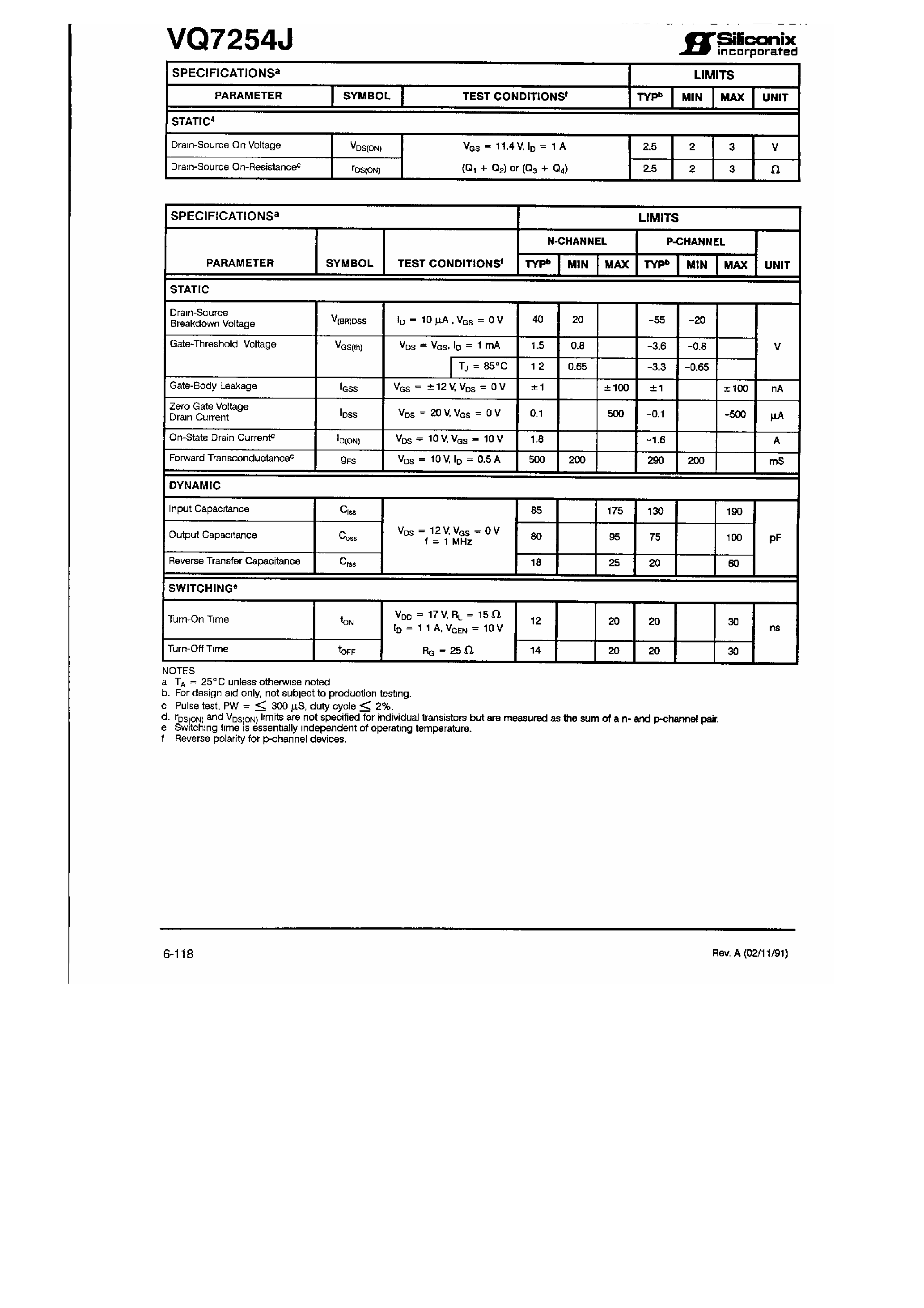 Datasheet VQ7254J - N and P-Channel Enhancement Mode MOS Transistor Array page 2