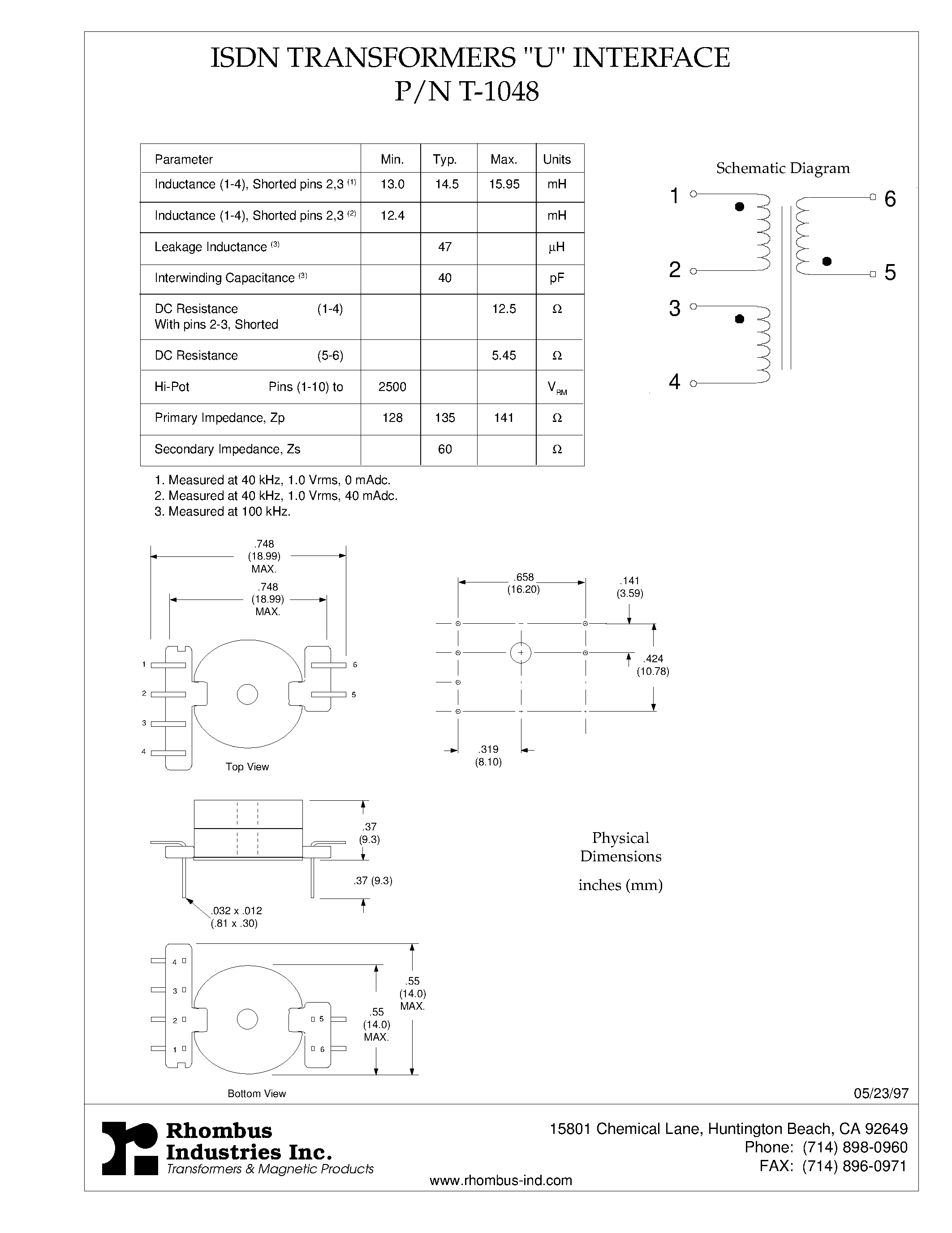 Даташит T1048 - ISDN Transformers U Interface страница 1