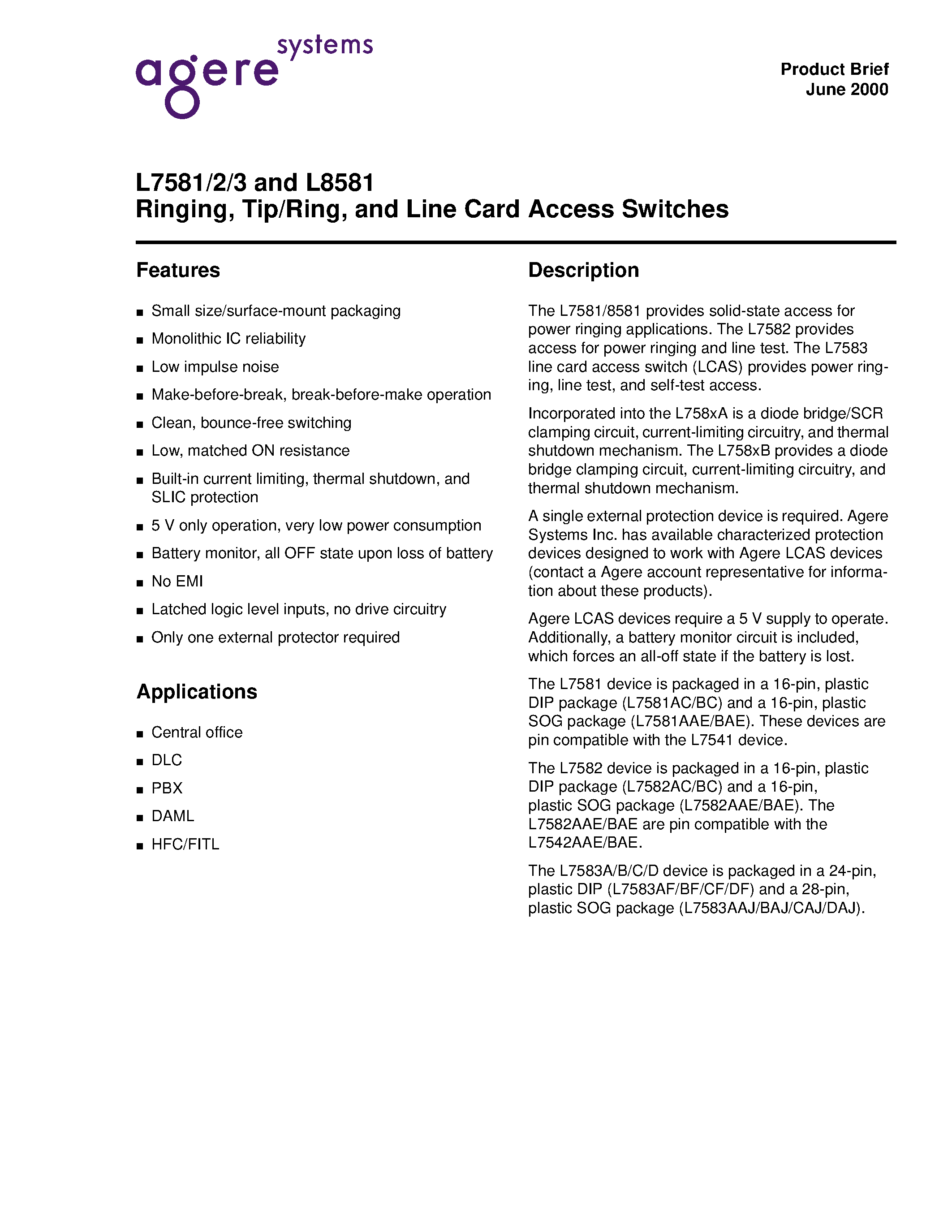 Datasheet L7581 - Ringing / Tip/Ring and Line Card Access Switches page 1