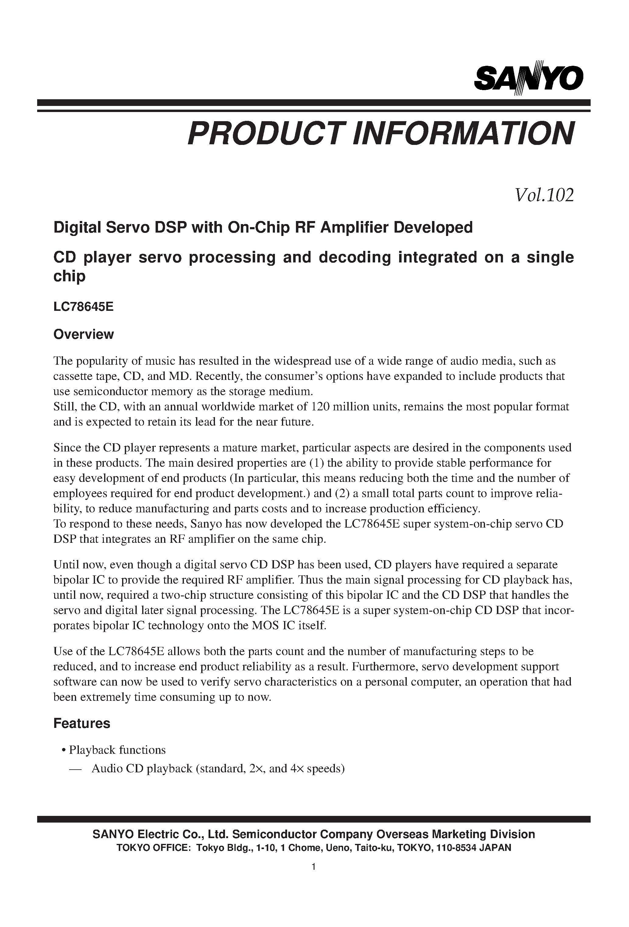 Даташит LC78645E - (Information) Digital Servo DSP With On-chip RF Amplifier страница 1