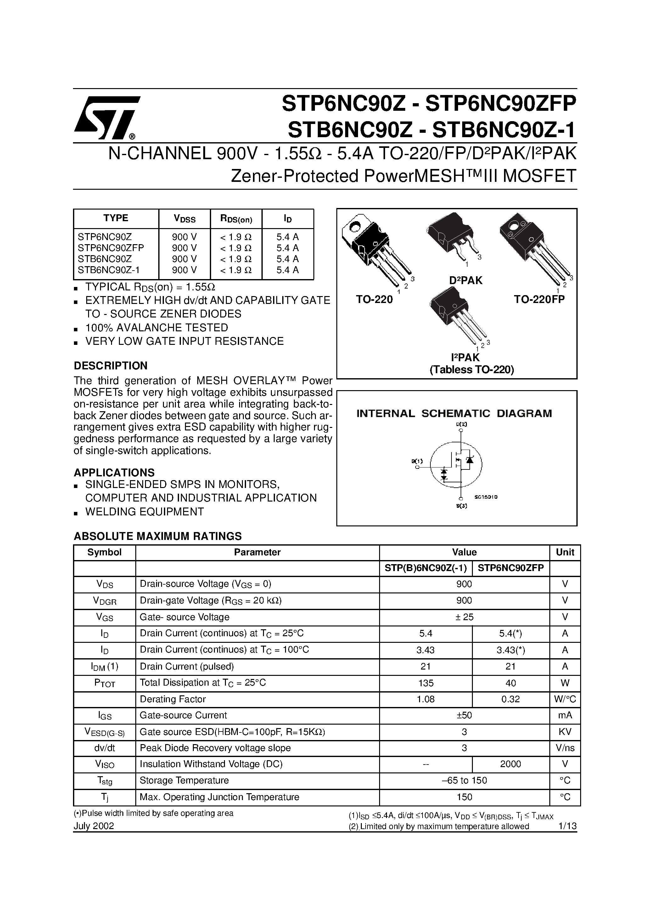 Даташит STP6NC90Z - N-CHANNEL Power MOSFET страница 1