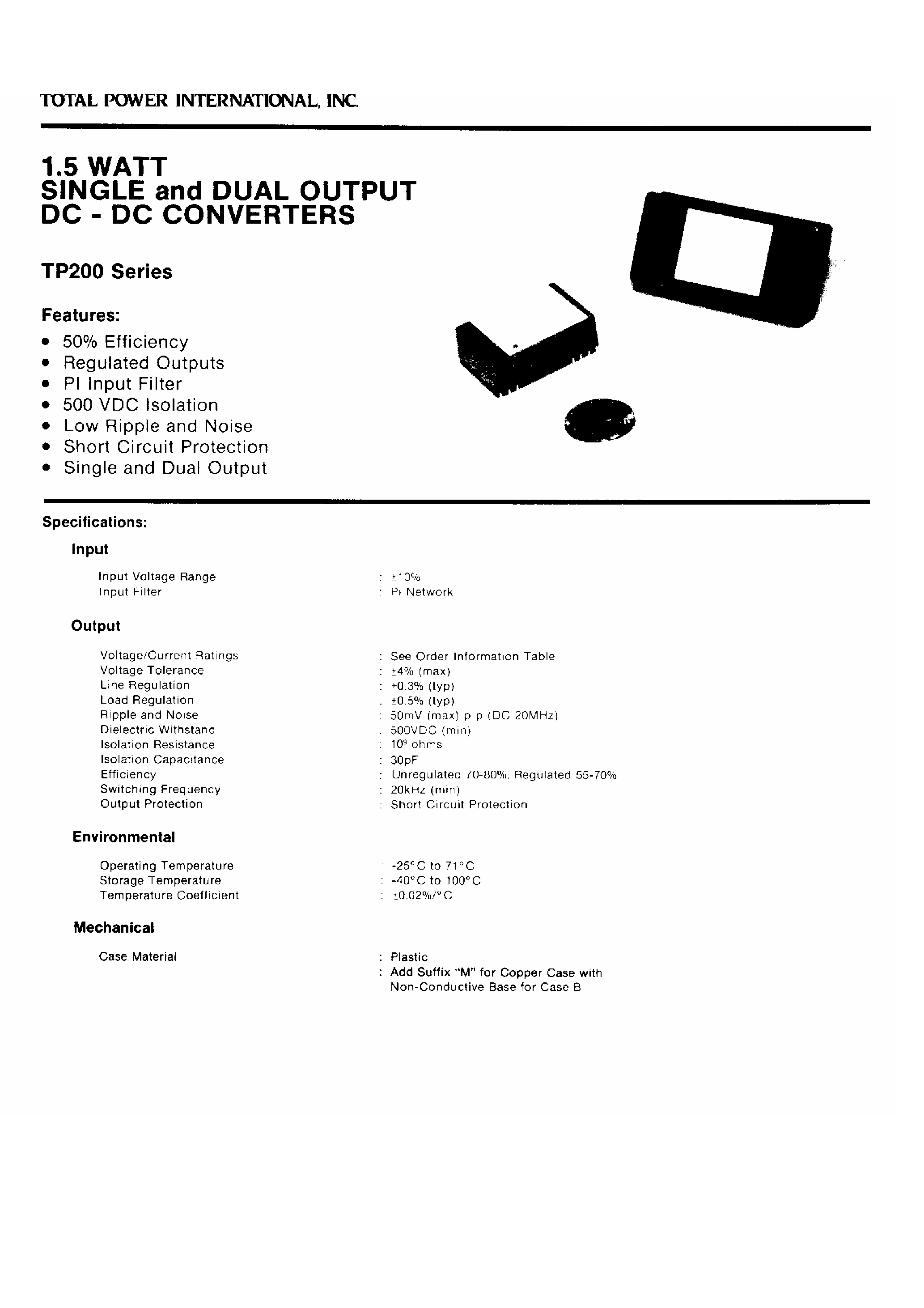 Даташит TP223 - 1.5Watt Single and Dual Output DC-DC Converters страница 1